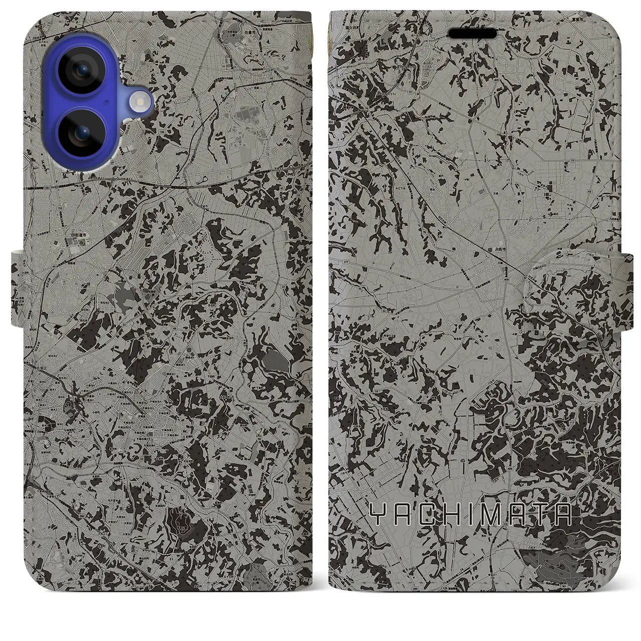 【八街(千葉県)】地図柄iPhoneケース(手帳タイプ)モノトーン・iPhone 16 Pro Max 用