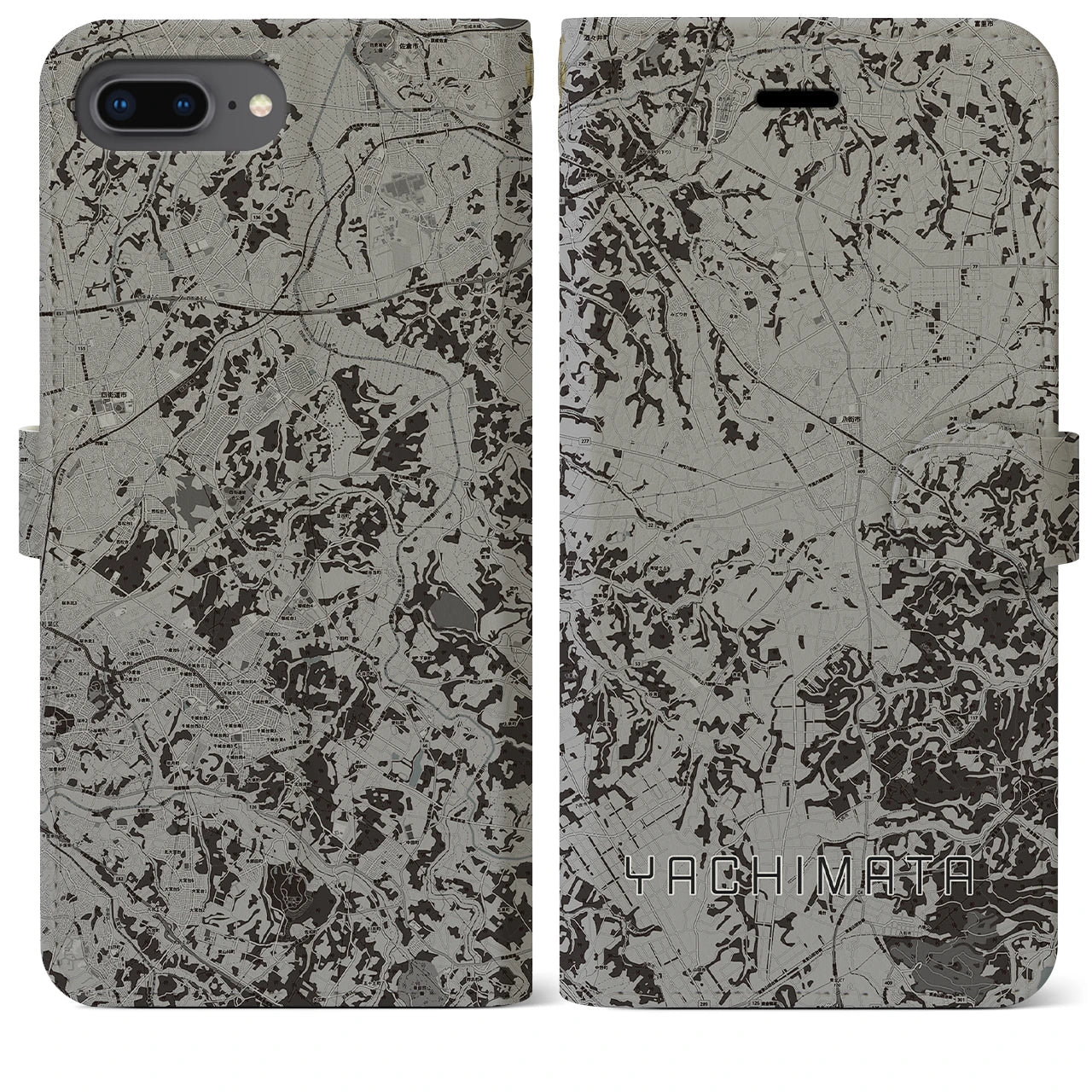 【八街(千葉県)】地図柄iPhoneケース(手帳タイプ)モノトーン・iPhone 8Plus /7Plus / 6sPlus / 6Plus 用