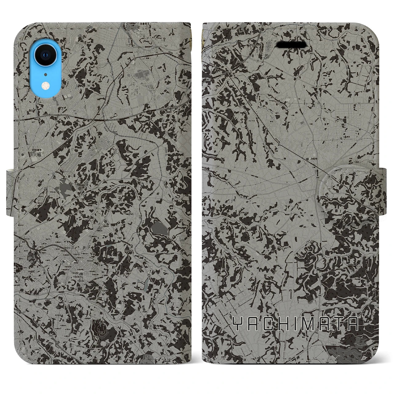 【八街(千葉県)】地図柄iPhoneケース(手帳タイプ)モノトーン・iPhone XR 用