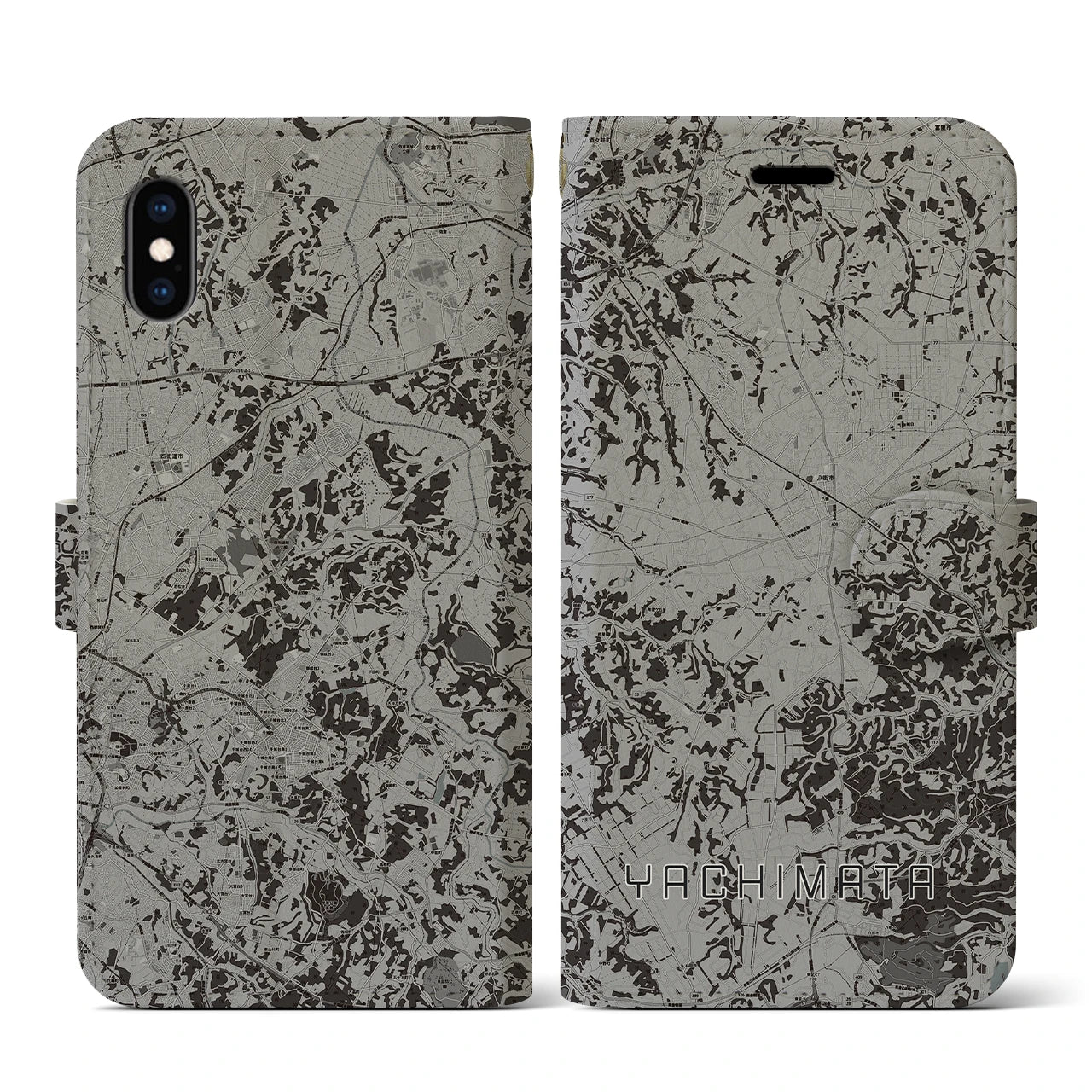 【八街(千葉県)】地図柄iPhoneケース(手帳タイプ)モノトーン・iPhone XS / X 用