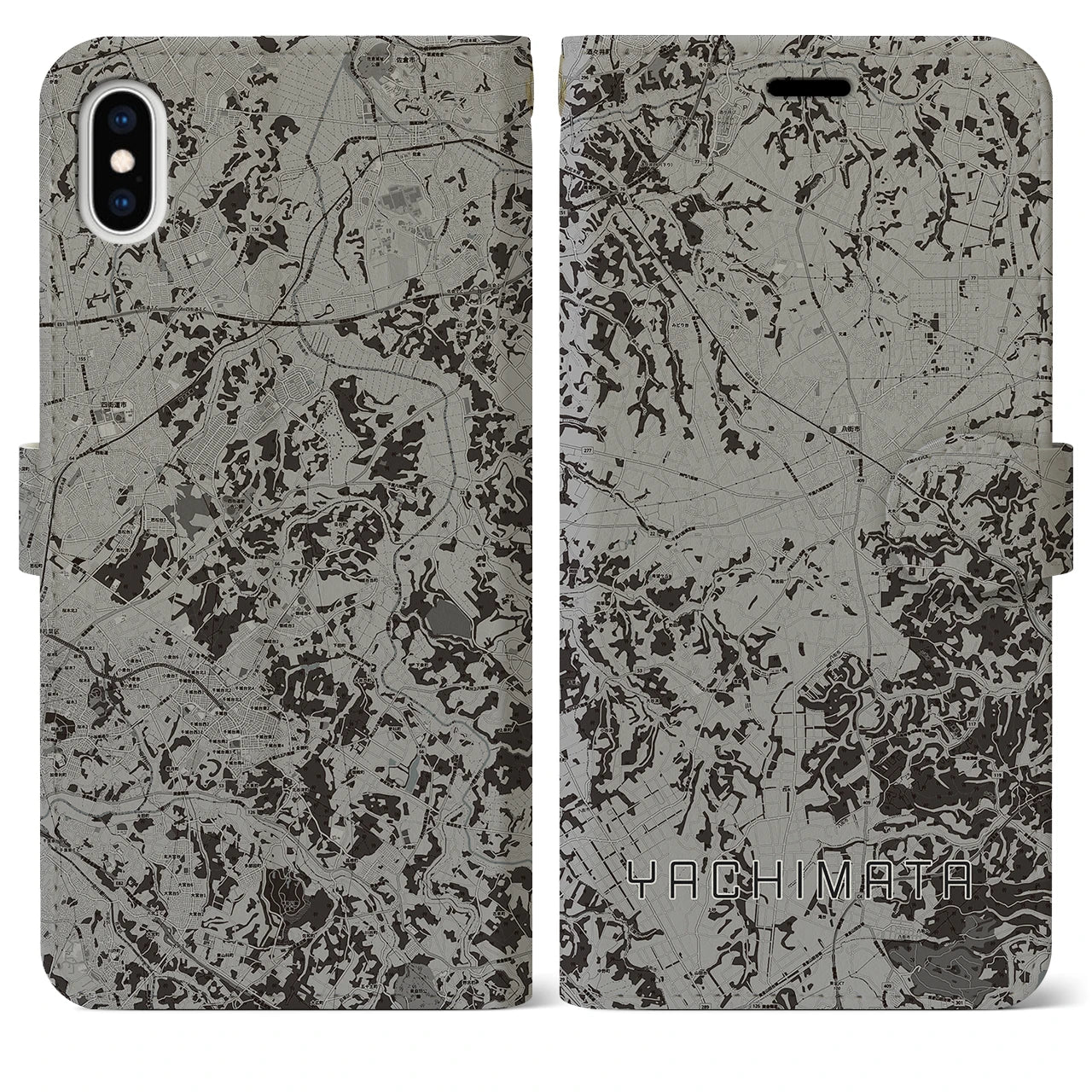 【八街(千葉県)】地図柄iPhoneケース(手帳タイプ)モノトーン・iPhone XS Max 用