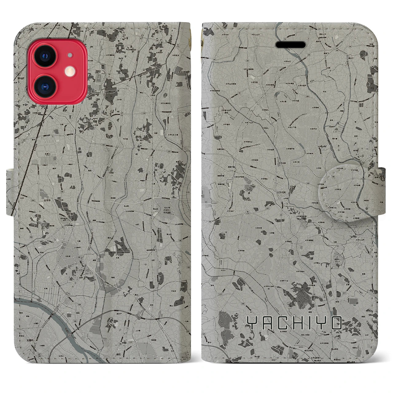 【八千代(茨城県)】地図柄iPhoneケース(手帳タイプ)モノトーン・iPhone 11 用