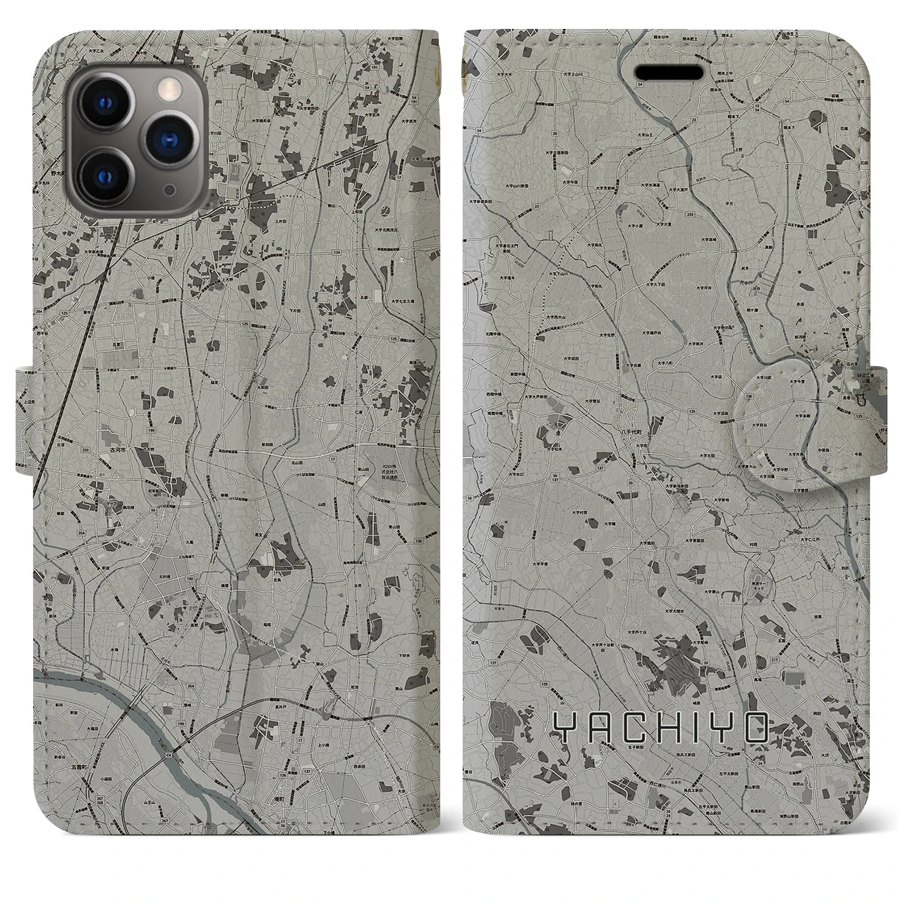 【八千代(茨城県)】地図柄iPhoneケース(手帳タイプ)モノトーン・iPhone 11 Pro Max 用