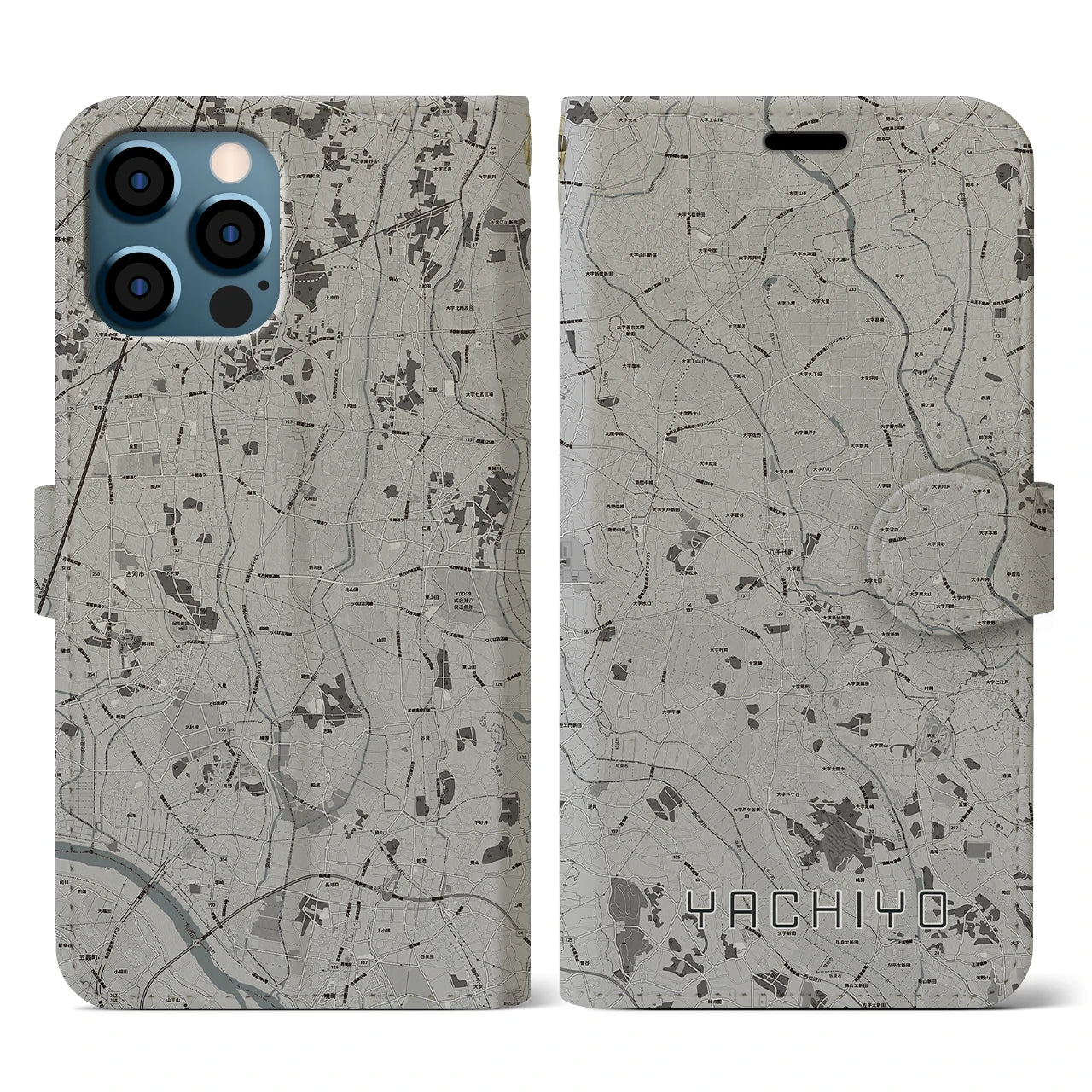 【八千代(茨城県)】地図柄iPhoneケース(手帳タイプ)モノトーン・iPhone 12 / 12 Pro 用