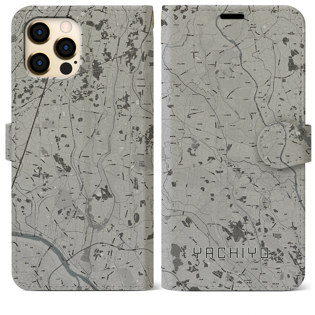 【八千代(茨城県)】地図柄iPhoneケース(手帳タイプ)モノトーン・iPhone 12 Pro Max 用