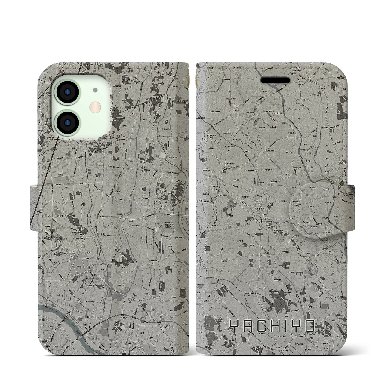 【八千代(茨城県)】地図柄iPhoneケース(手帳タイプ)モノトーン・iPhone 12 mini 用