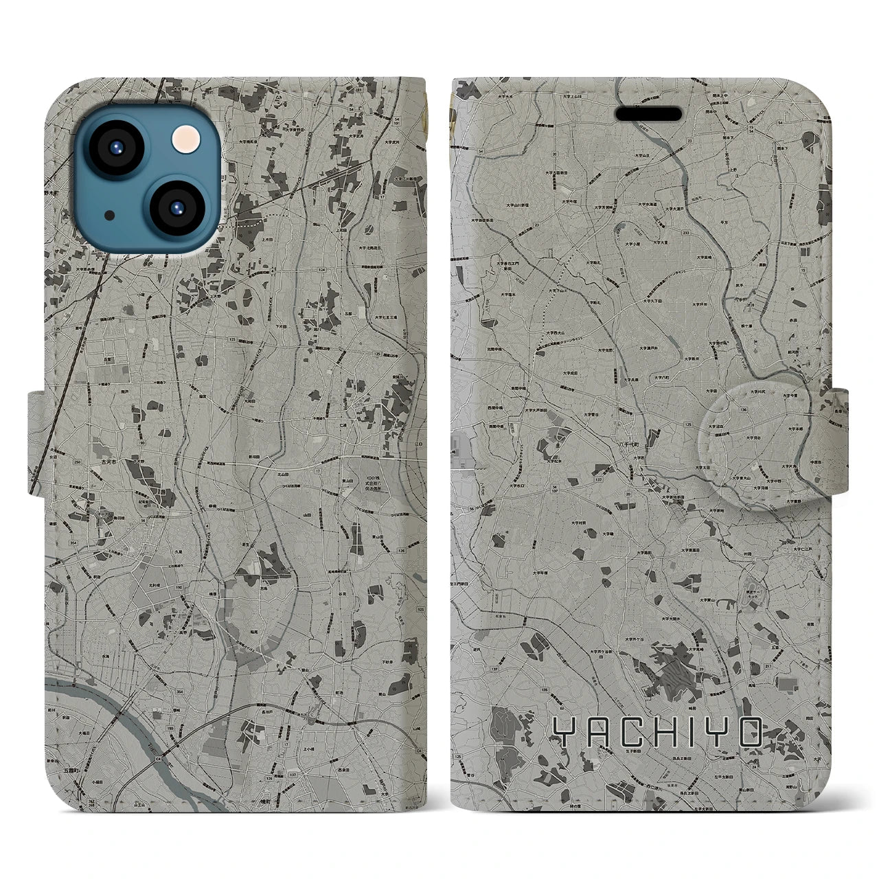 【八千代(茨城県)】地図柄iPhoneケース(手帳タイプ)モノトーン・iPhone 13 用