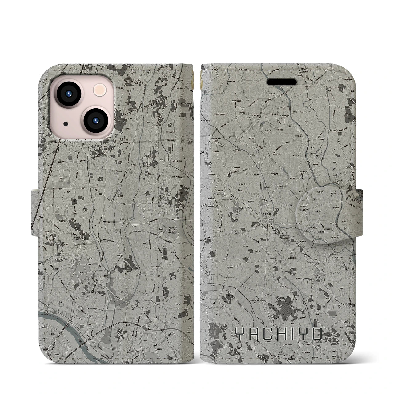 【八千代(茨城県)】地図柄iPhoneケース(手帳タイプ)モノトーン・iPhone 13 mini 用