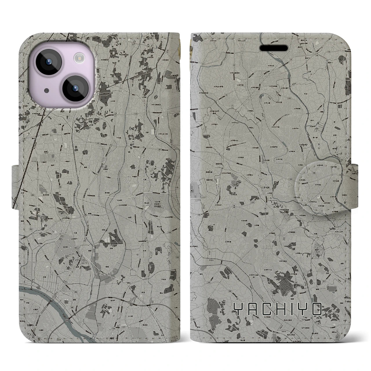 【八千代(茨城県)】地図柄iPhoneケース(手帳タイプ)モノトーン・iPhone 14 用