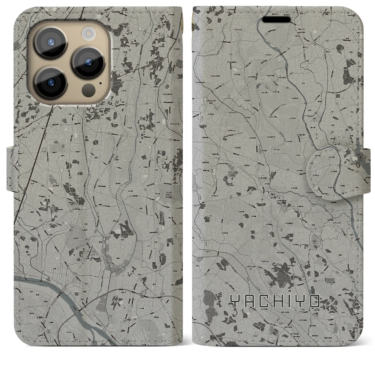 【八千代(茨城県)】地図柄iPhoneケース(手帳タイプ)モノトーン・iPhone 14 Pro Max 用