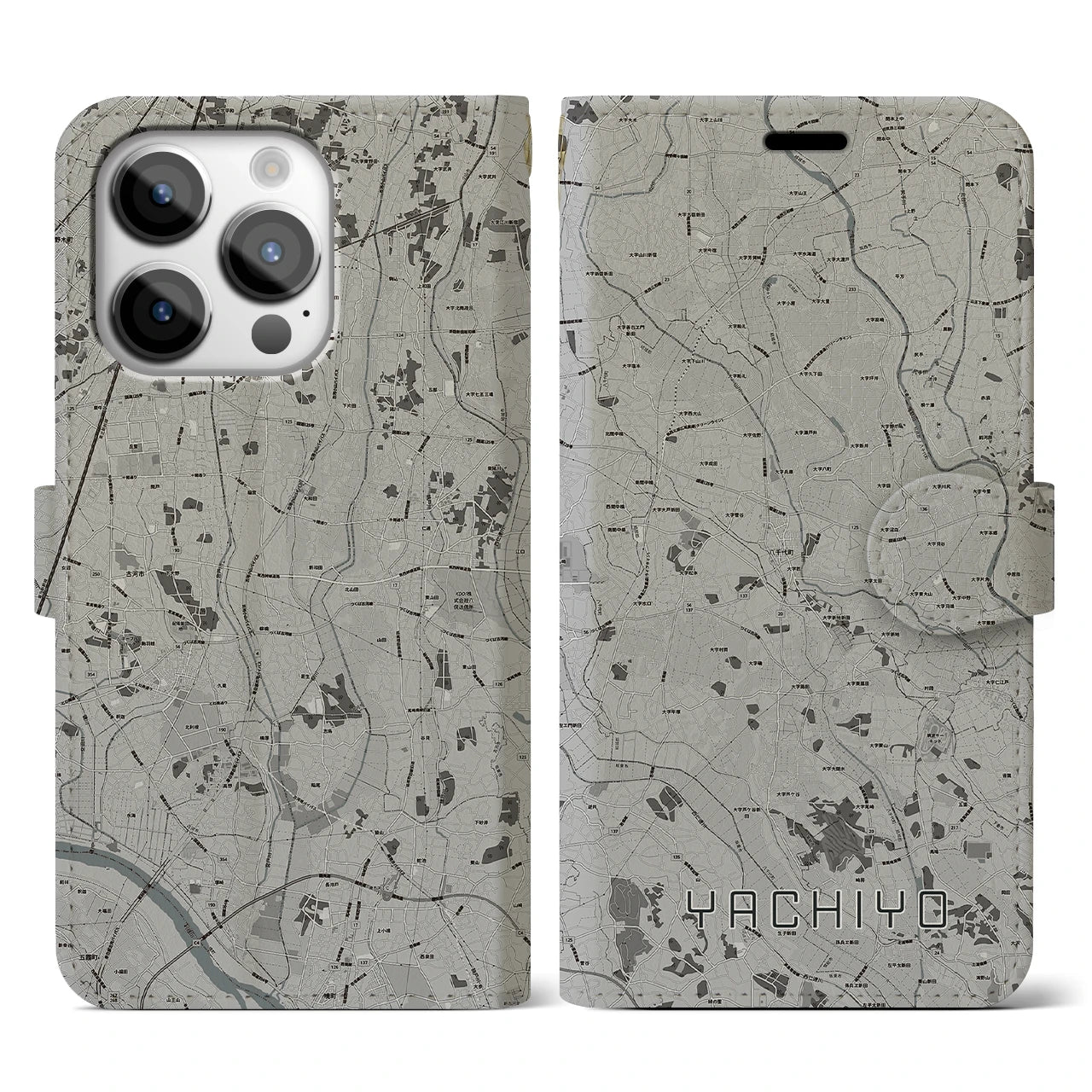 【八千代(茨城県)】地図柄iPhoneケース(手帳タイプ)モノトーン・iPhone 14 Pro 用