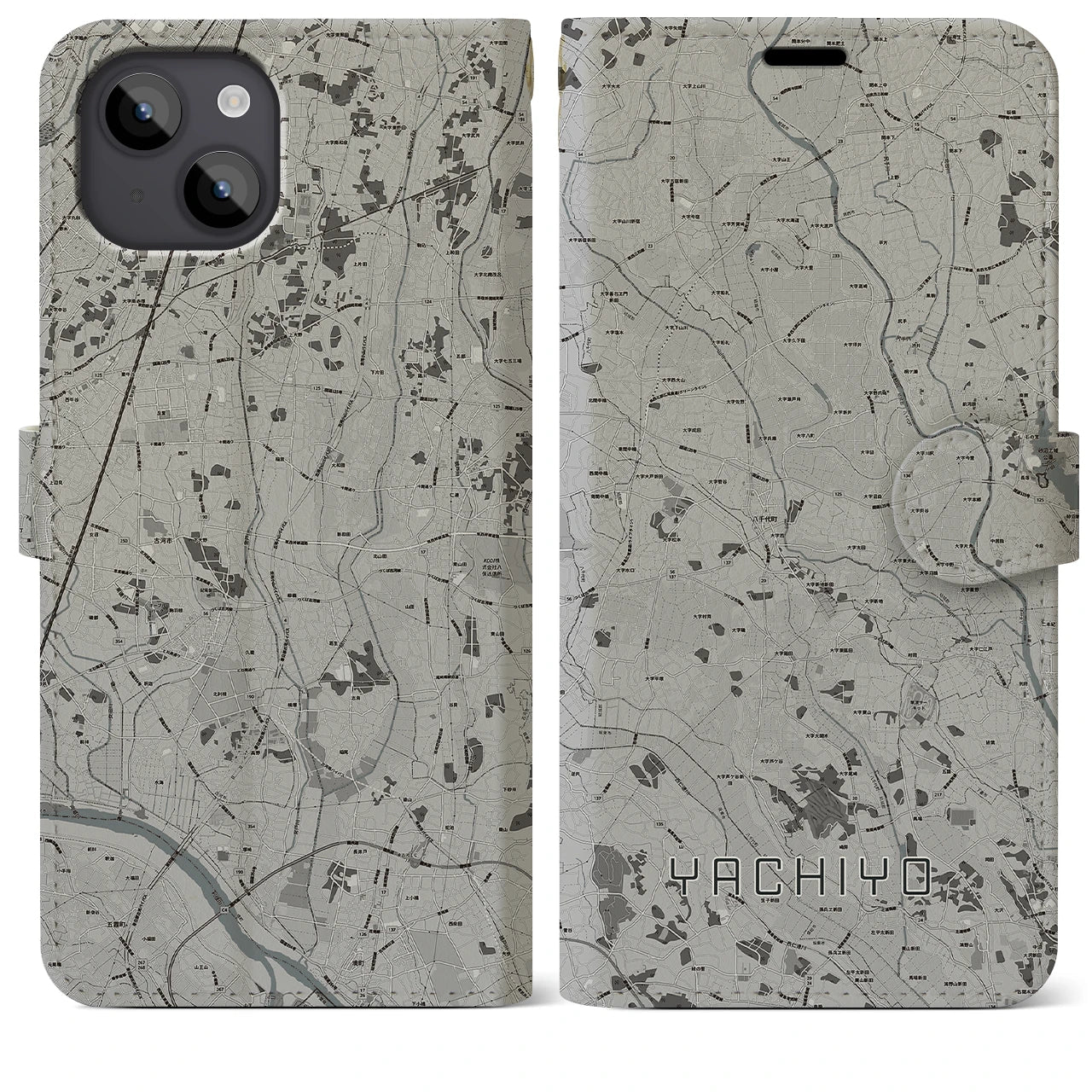 【八千代(茨城県)】地図柄iPhoneケース(手帳タイプ)モノトーン・iPhone 14 Plus 用