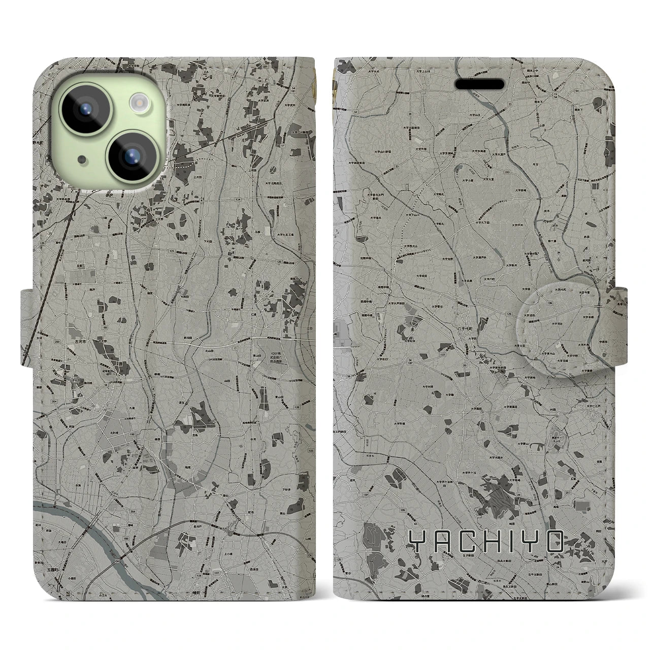 【八千代(茨城県)】地図柄iPhoneケース(手帳タイプ)モノトーン・iPhone 15 用