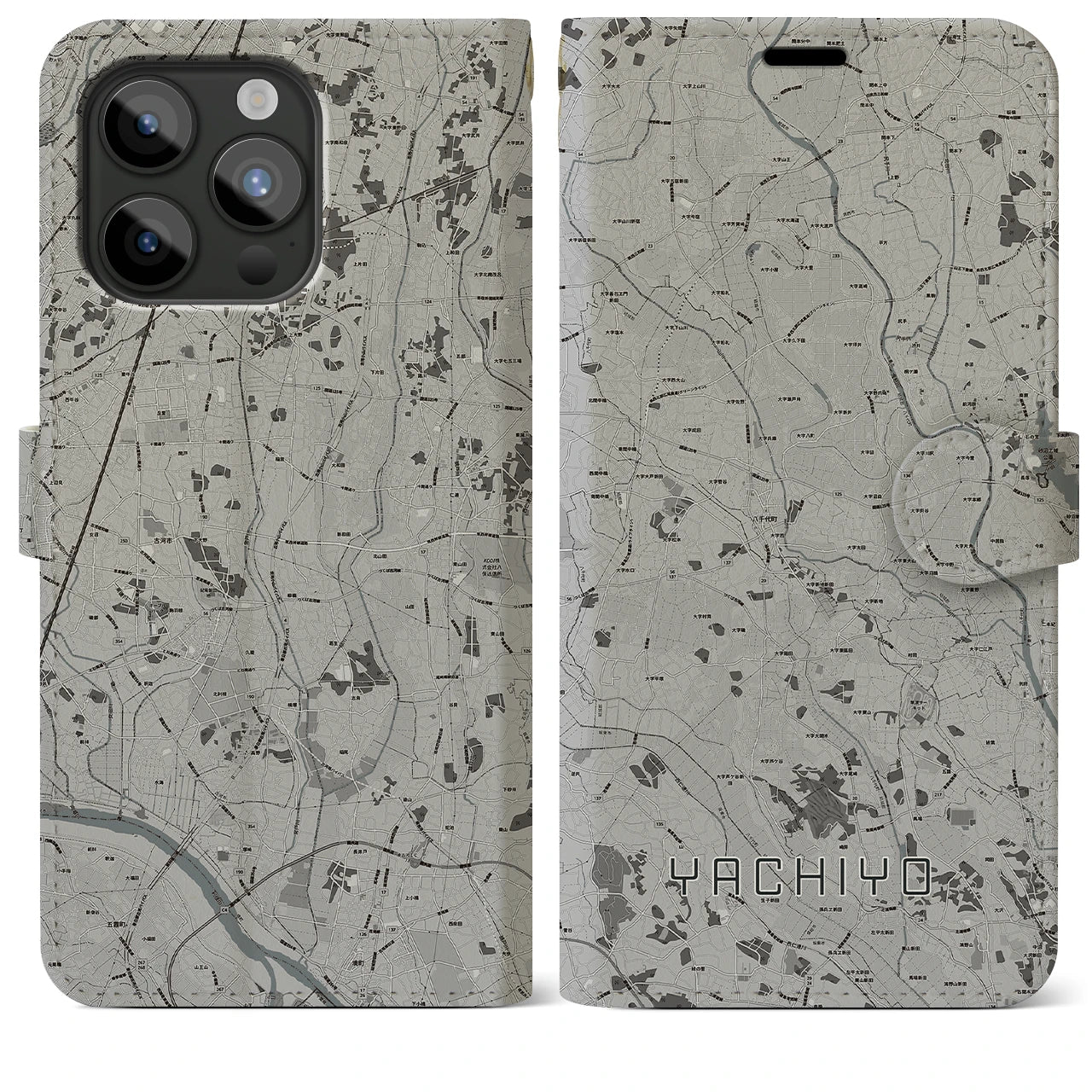 【八千代(茨城県)】地図柄iPhoneケース(手帳タイプ)モノトーン・iPhone 15 Pro Max 用
