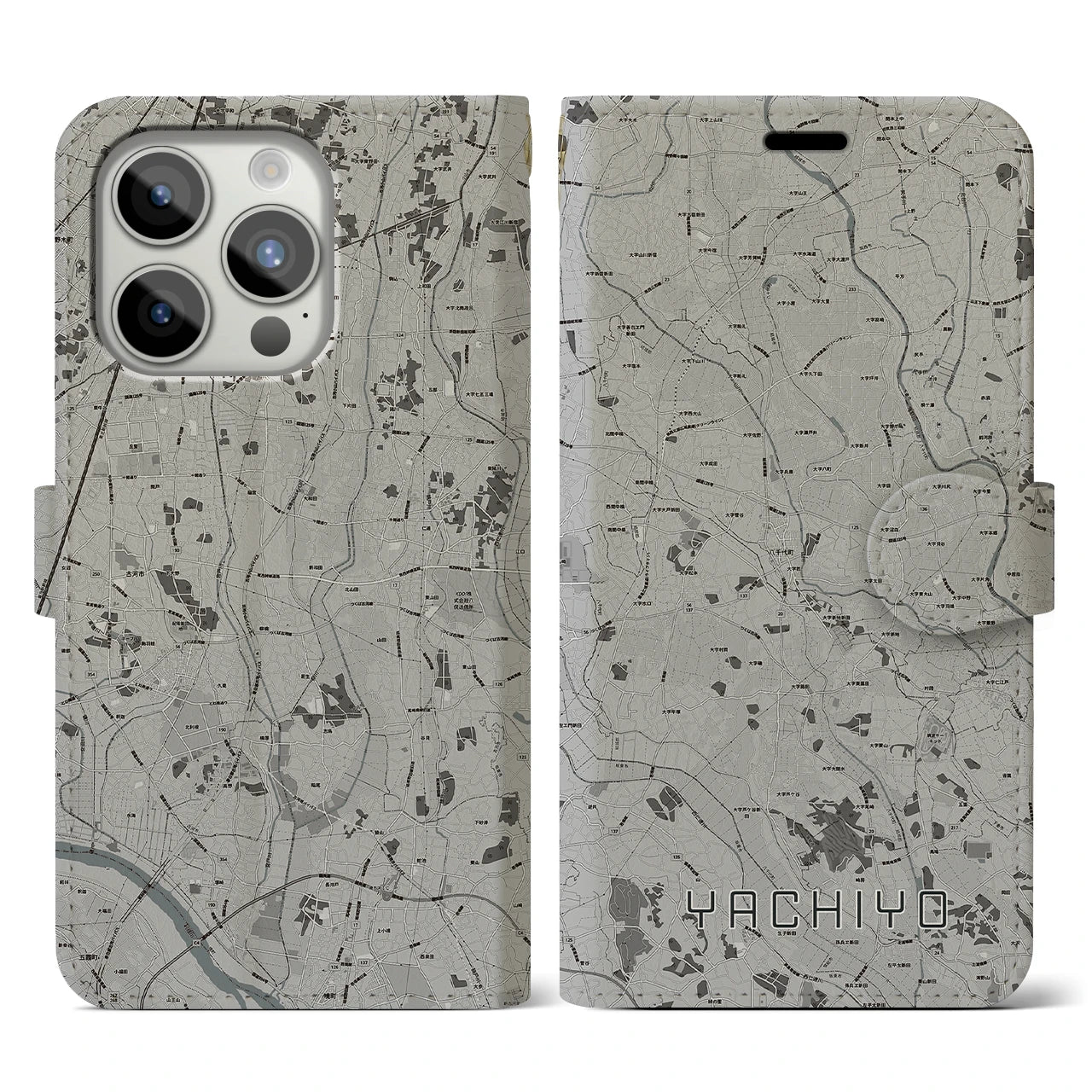 【八千代(茨城県)】地図柄iPhoneケース(手帳タイプ)モノトーン・iPhone 15 Pro 用