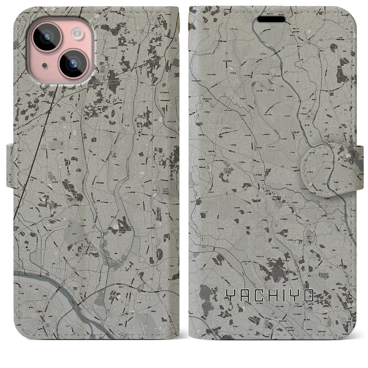 【八千代(茨城県)】地図柄iPhoneケース(手帳タイプ)モノトーン・iPhone 15 Plus 用