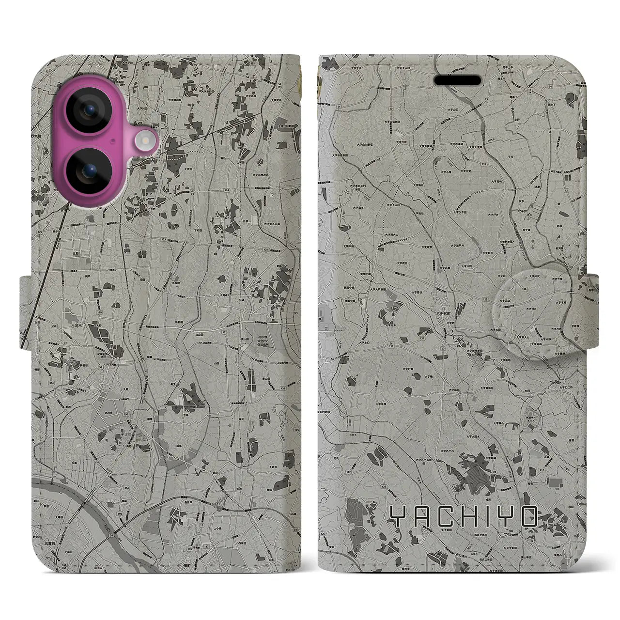 【八千代(茨城県)】地図柄iPhoneケース(手帳タイプ)モノトーン・iPhone 16 Pro 用