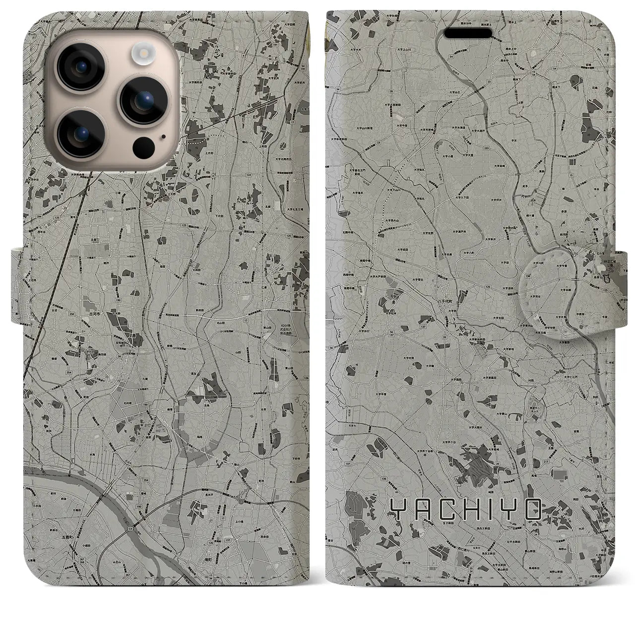 【八千代(茨城県)】地図柄iPhoneケース(手帳タイプ)モノトーン・iPhone 16 Plus 用