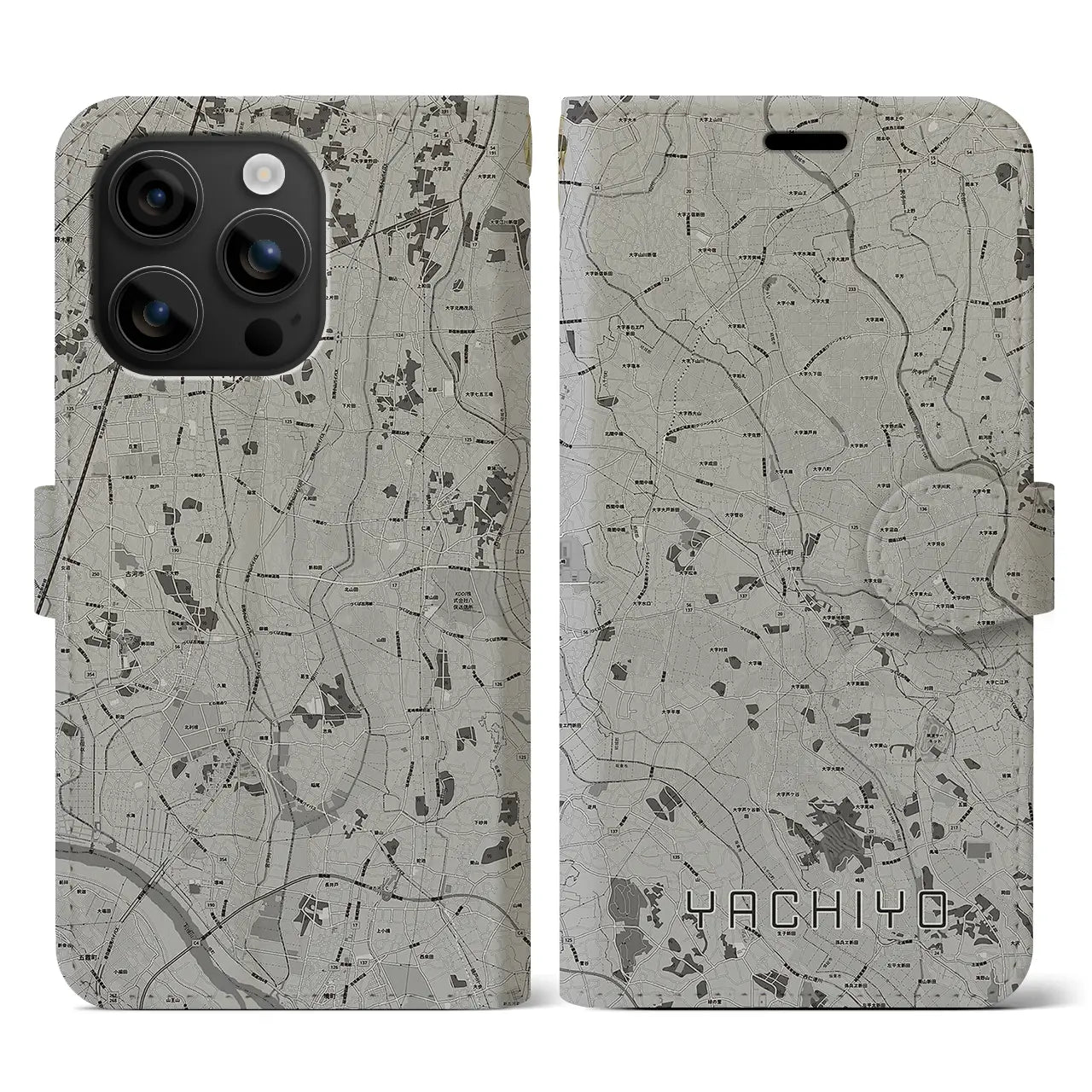 【八千代(茨城県)】地図柄iPhoneケース(手帳タイプ)モノトーン・iPhone 16 用
