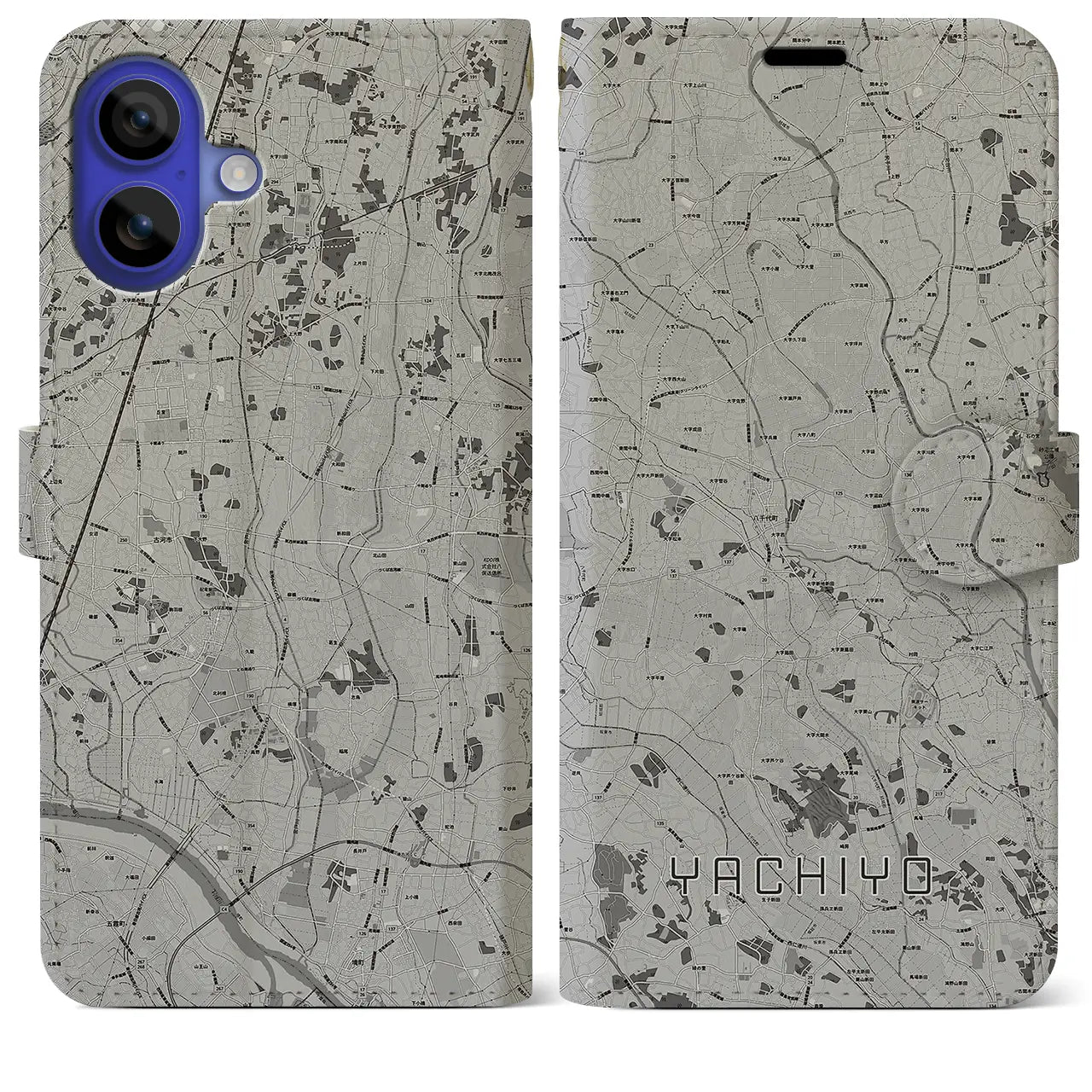 【八千代(茨城県)】地図柄iPhoneケース(手帳タイプ)モノトーン・iPhone 16 Pro Max 用