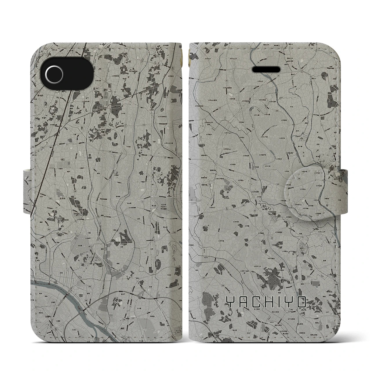 【八千代(茨城県)】地図柄iPhoneケース(手帳タイプ)モノトーン・iPhone SE(第3 / 第2世代) / 8 / 7 / 6s / 6 用