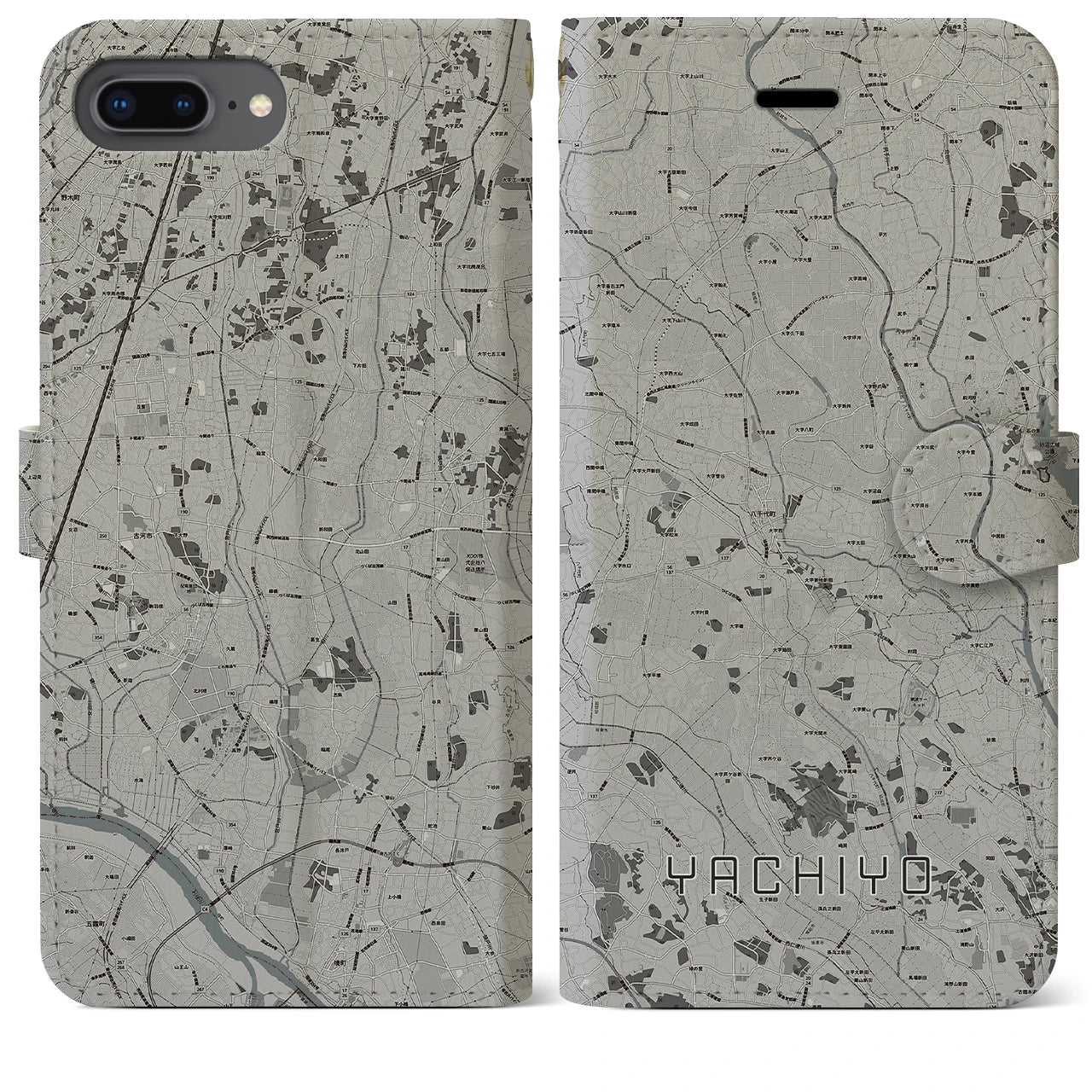 【八千代(茨城県)】地図柄iPhoneケース(手帳タイプ)モノトーン・iPhone 8Plus /7Plus / 6sPlus / 6Plus 用