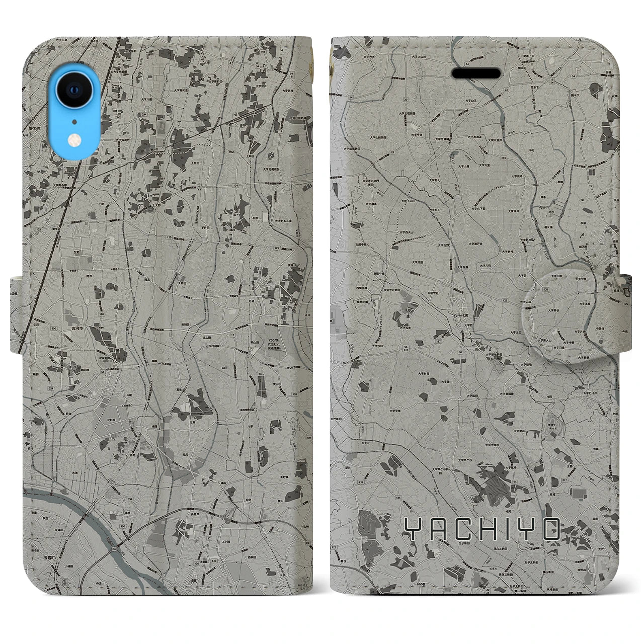 【八千代(茨城県)】地図柄iPhoneケース(手帳タイプ)モノトーン・iPhone XR 用
