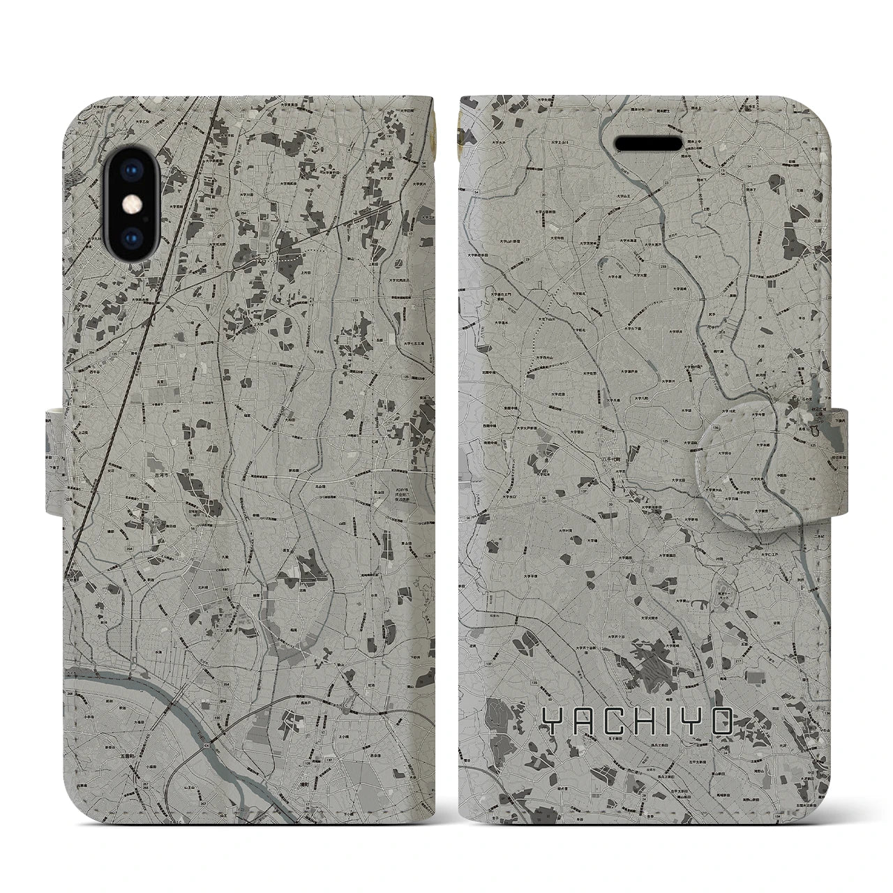 【八千代(茨城県)】地図柄iPhoneケース(手帳タイプ)モノトーン・iPhone XS / X 用