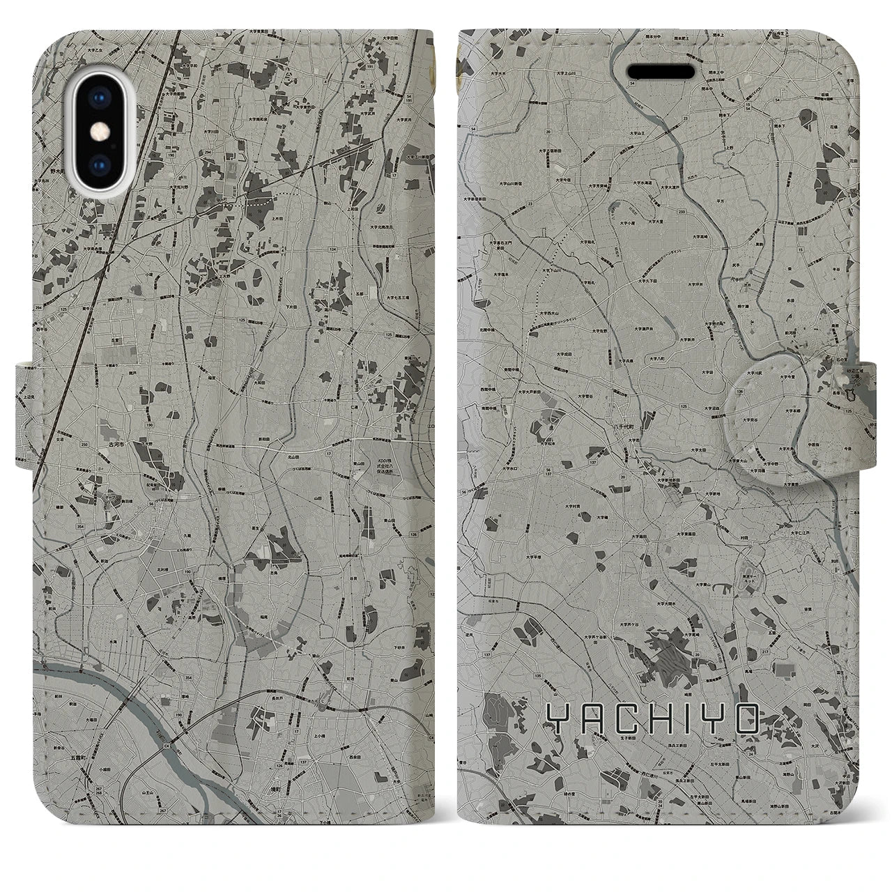 【八千代(茨城県)】地図柄iPhoneケース(手帳タイプ)モノトーン・iPhone XS Max 用