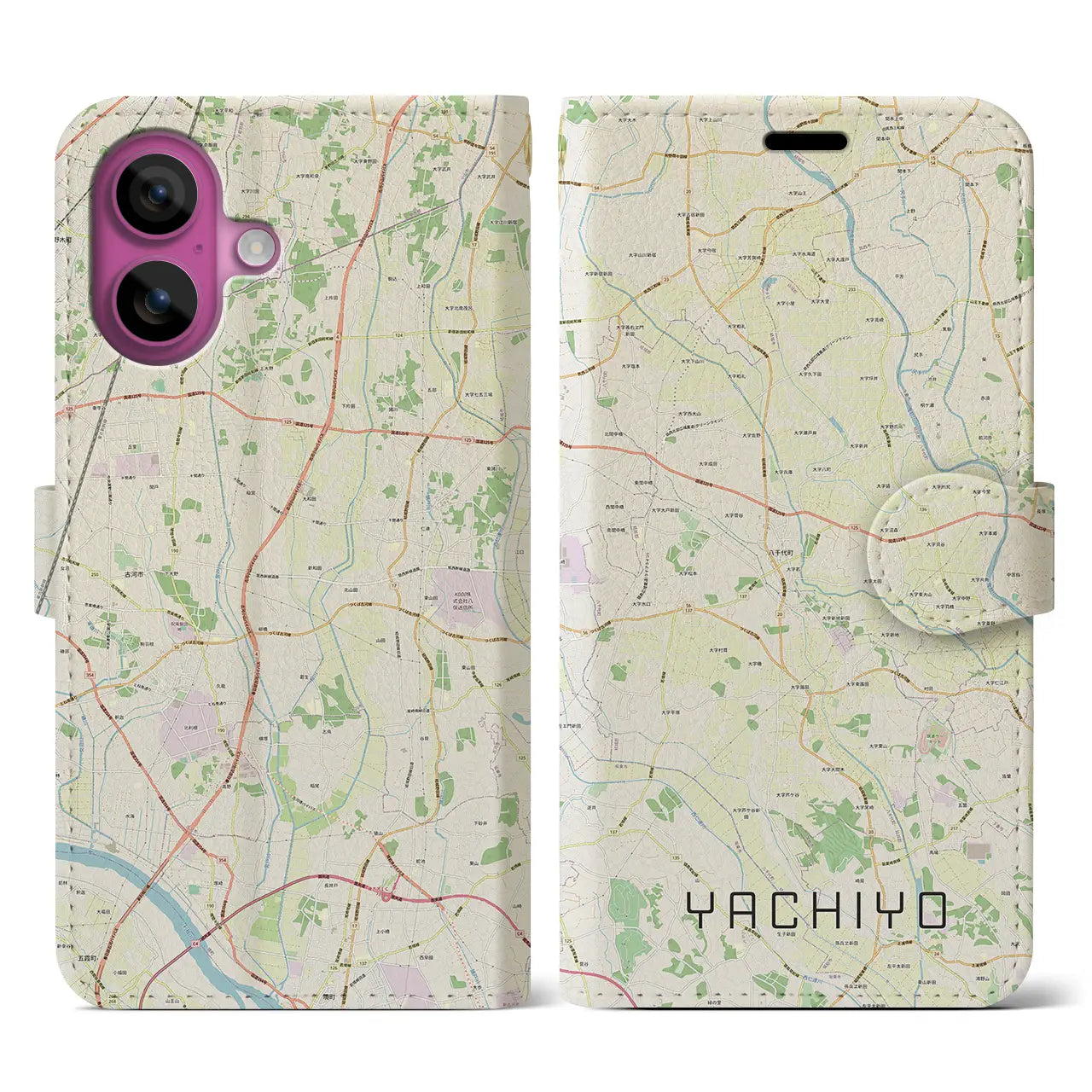 【八千代(茨城県)】地図柄iPhoneケース(手帳タイプ)ナチュラル・iPhone 16 Pro 用