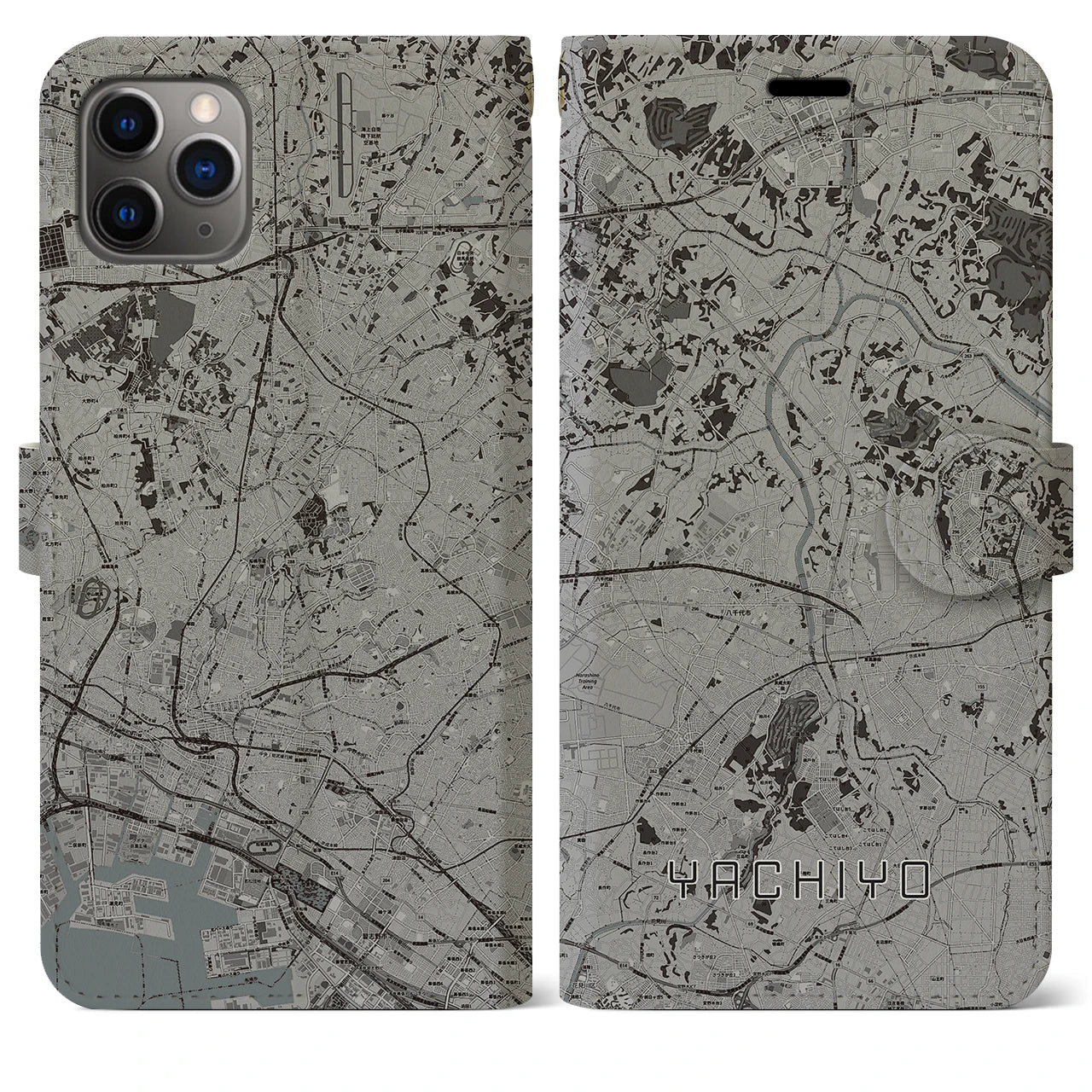 【八千代(千葉県)】地図柄iPhoneケース(手帳タイプ)モノトーン・iPhone 11 Pro Max 用