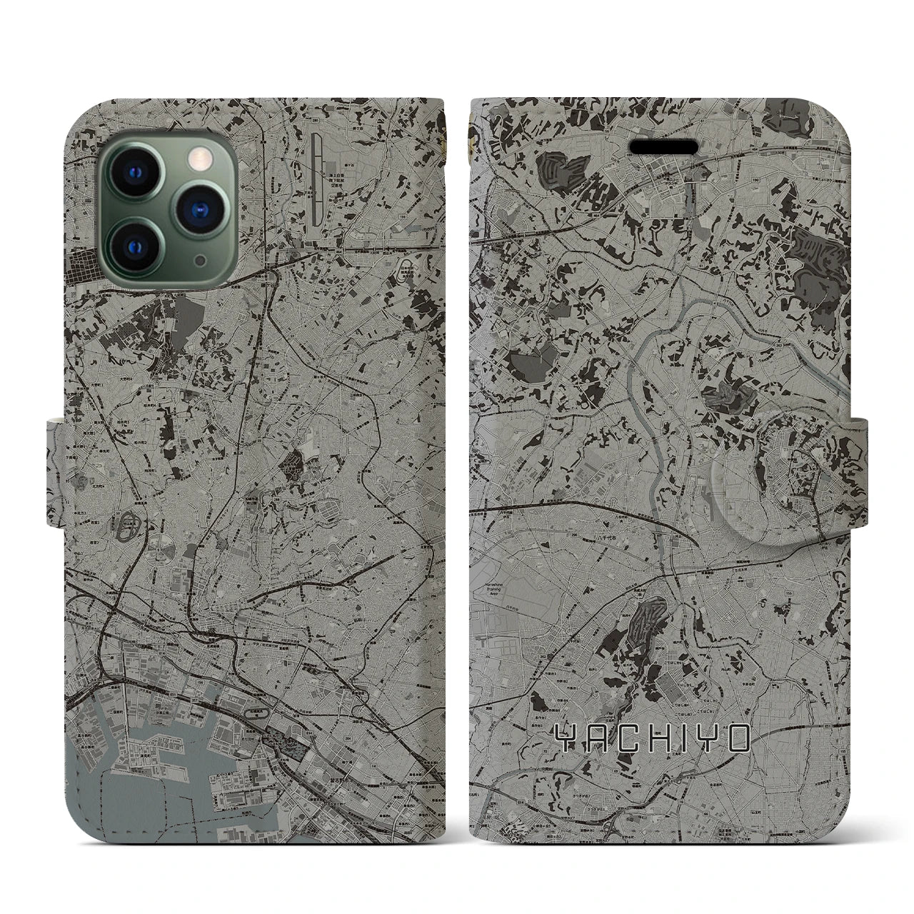 【八千代(千葉県)】地図柄iPhoneケース(手帳タイプ)モノトーン・iPhone 11 Pro 用