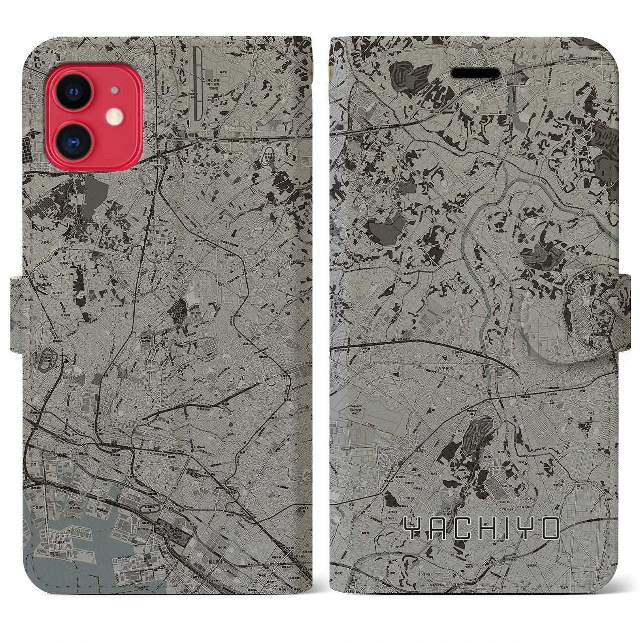【八千代(千葉県)】地図柄iPhoneケース(手帳タイプ)モノトーン・iPhone 11 用