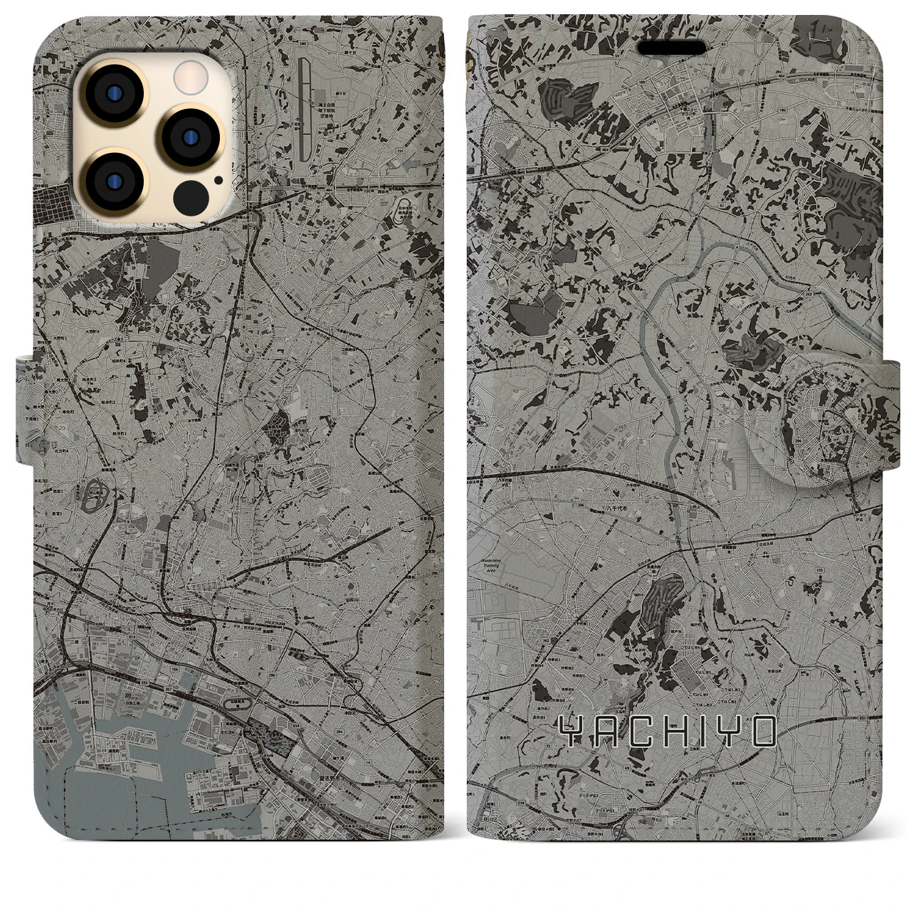 【八千代(千葉県)】地図柄iPhoneケース(手帳タイプ)モノトーン・iPhone 12 Pro Max 用