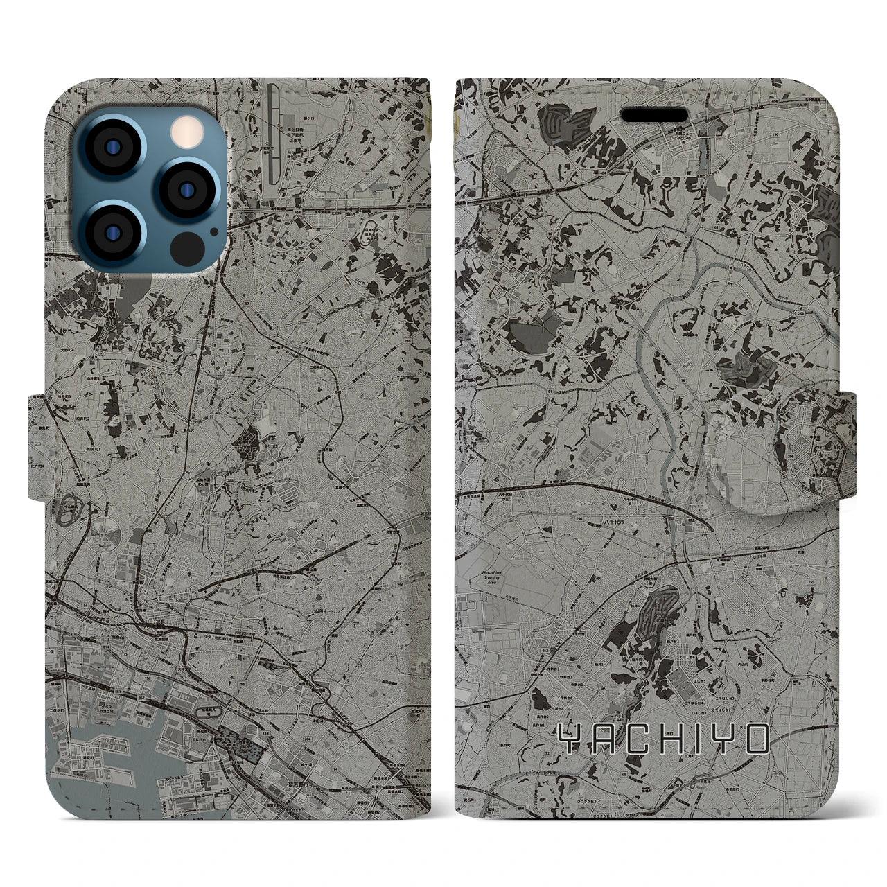 【八千代(千葉県)】地図柄iPhoneケース(手帳タイプ)モノトーン・iPhone 12 / 12 Pro 用