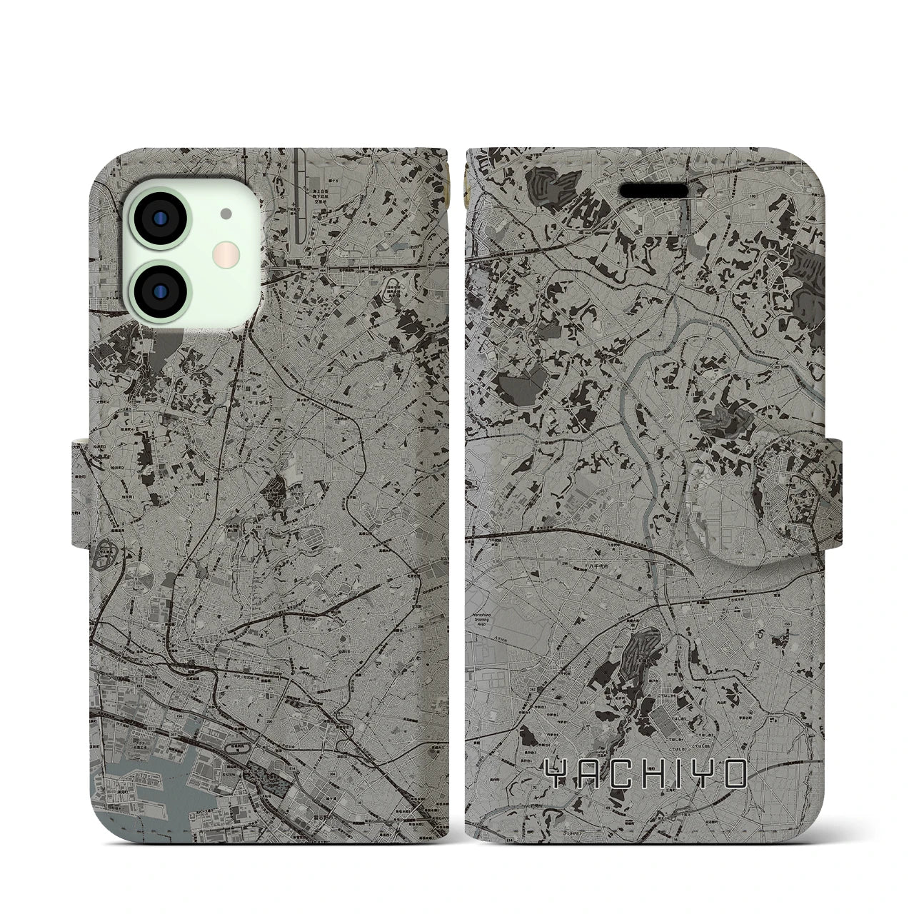 【八千代(千葉県)】地図柄iPhoneケース(手帳タイプ)モノトーン・iPhone 12 mini 用