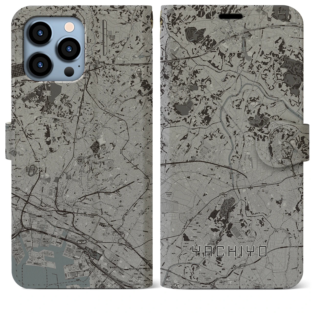 【八千代(千葉県)】地図柄iPhoneケース(手帳タイプ)モノトーン・iPhone 13 Pro Max 用