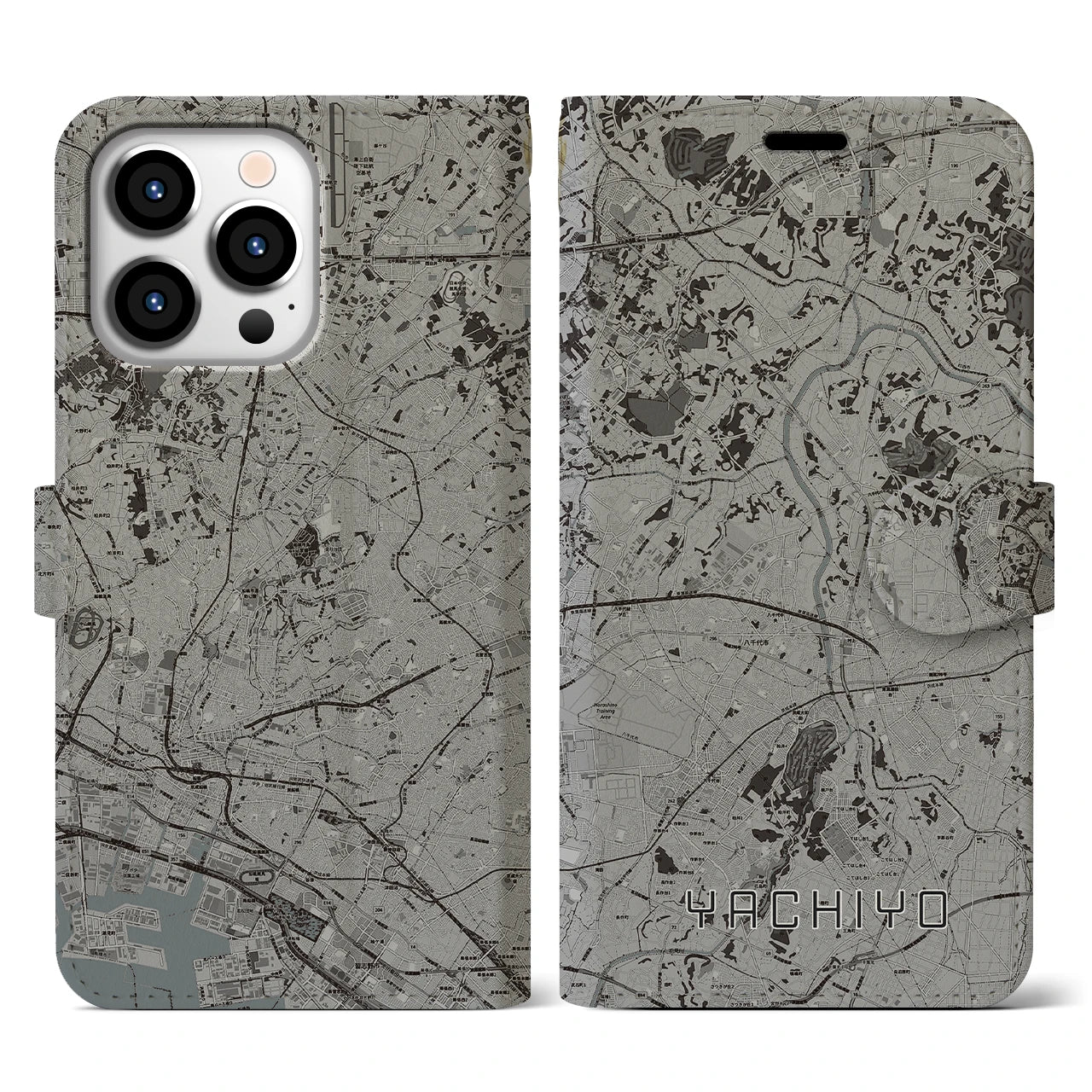 【八千代(千葉県)】地図柄iPhoneケース(手帳タイプ)モノトーン・iPhone 13 Pro 用