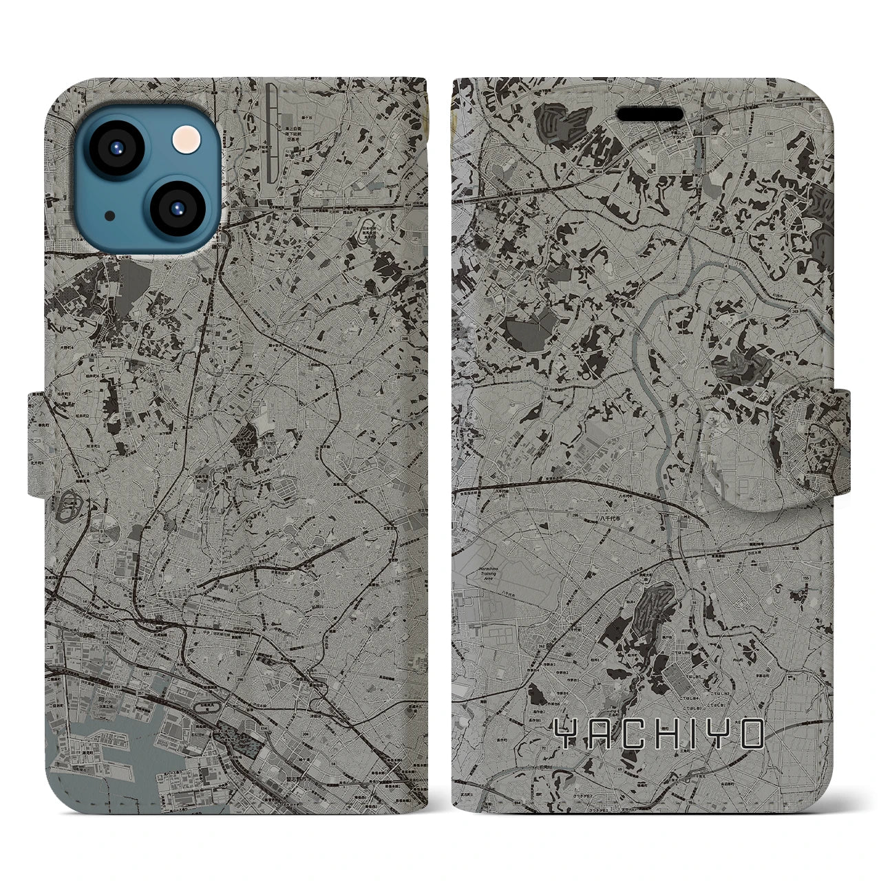 【八千代(千葉県)】地図柄iPhoneケース(手帳タイプ)モノトーン・iPhone 13 用