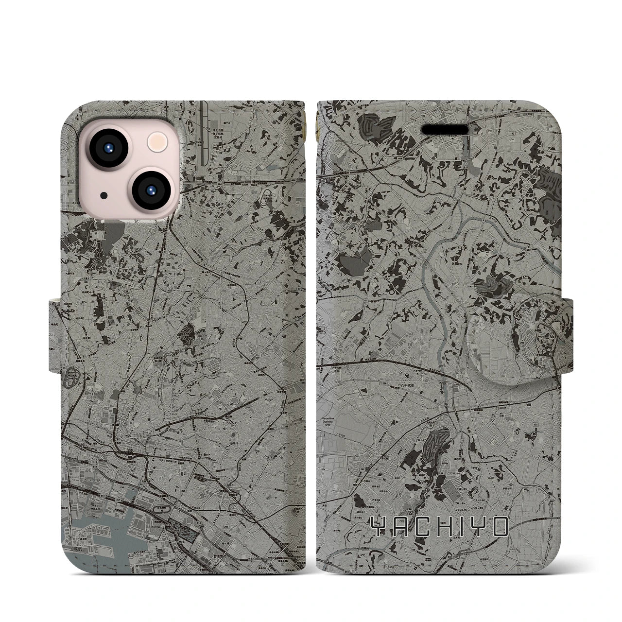 【八千代(千葉県)】地図柄iPhoneケース(手帳タイプ)モノトーン・iPhone 13 mini 用