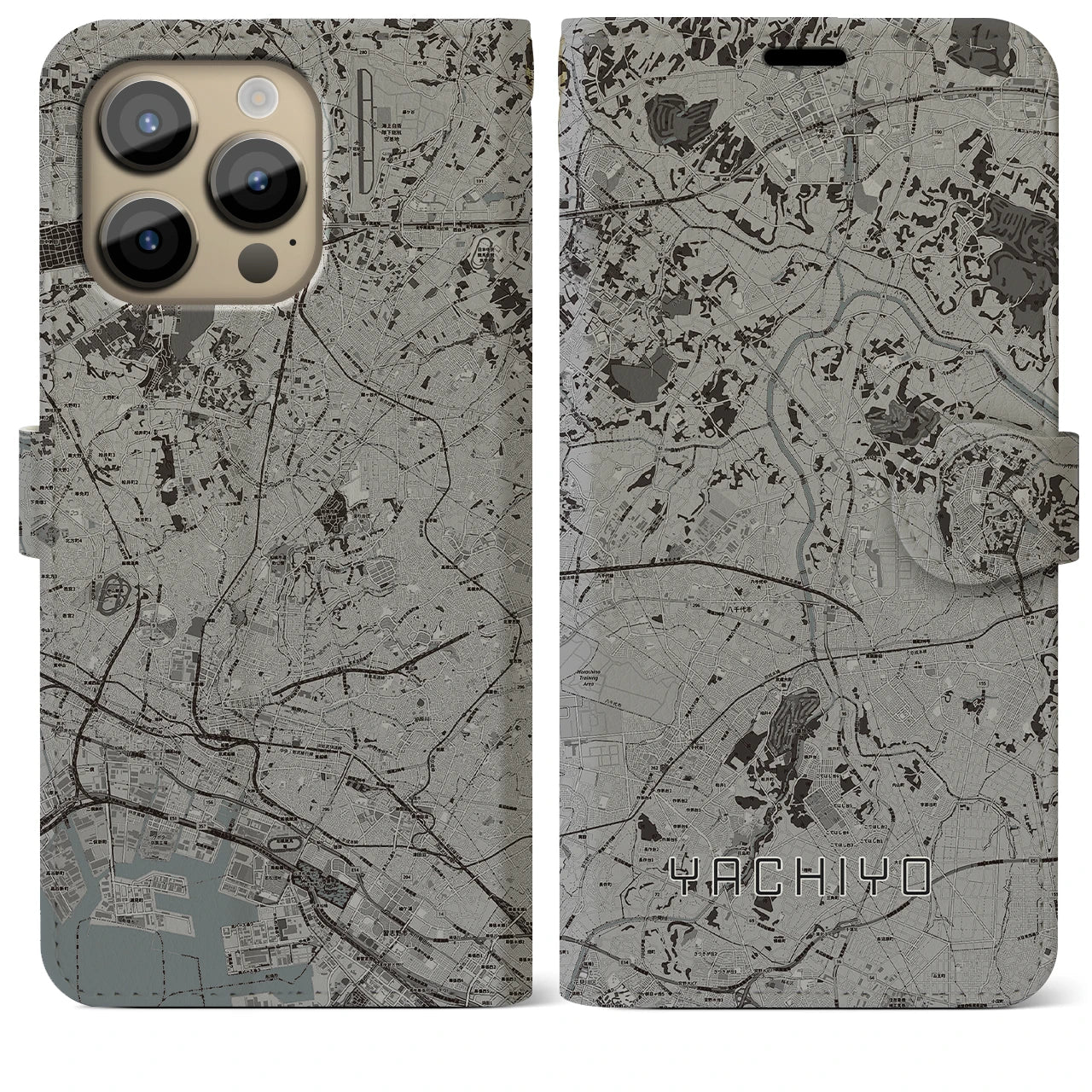 【八千代(千葉県)】地図柄iPhoneケース(手帳タイプ)モノトーン・iPhone 14 Pro Max 用