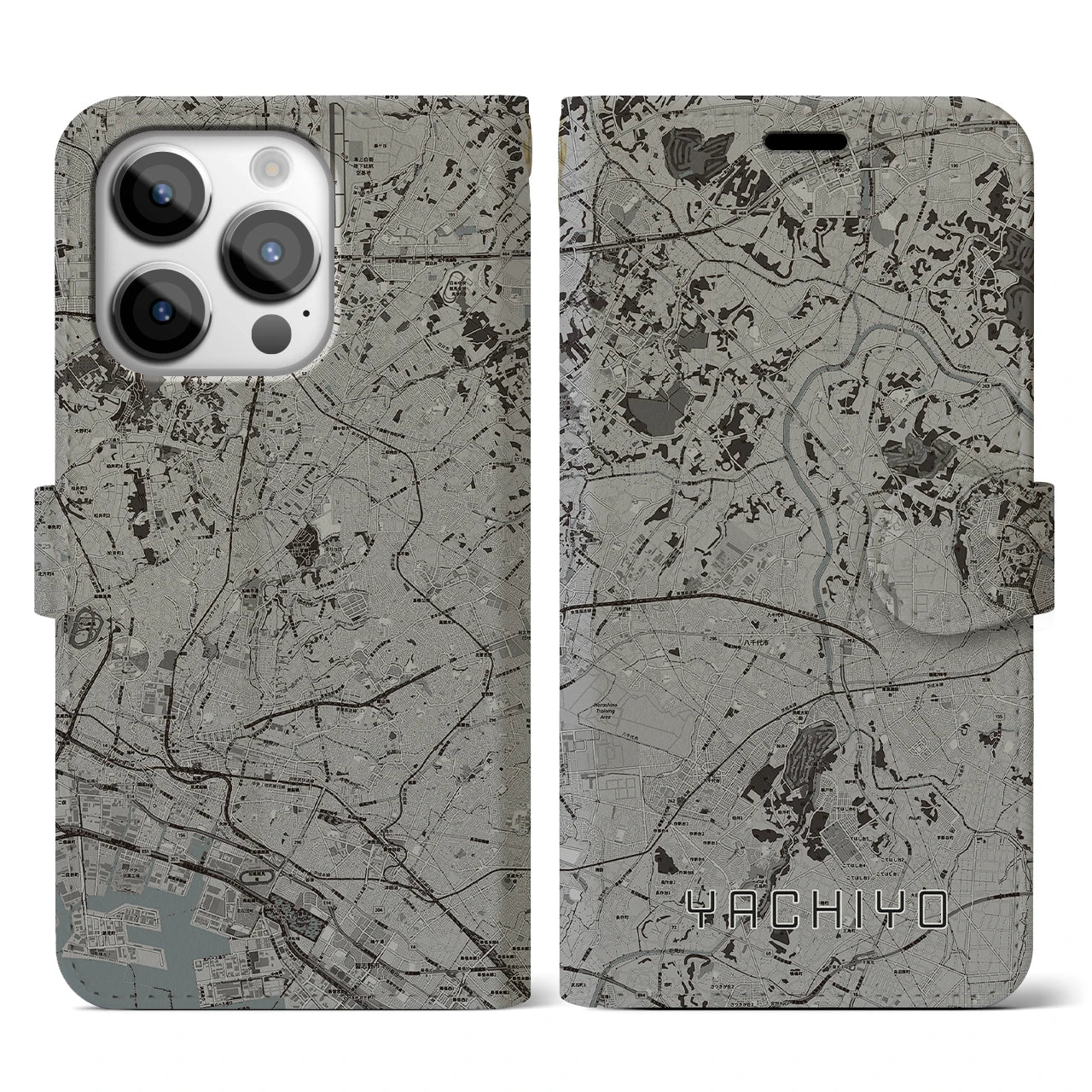 【八千代(千葉県)】地図柄iPhoneケース(手帳タイプ)モノトーン・iPhone 14 Pro 用