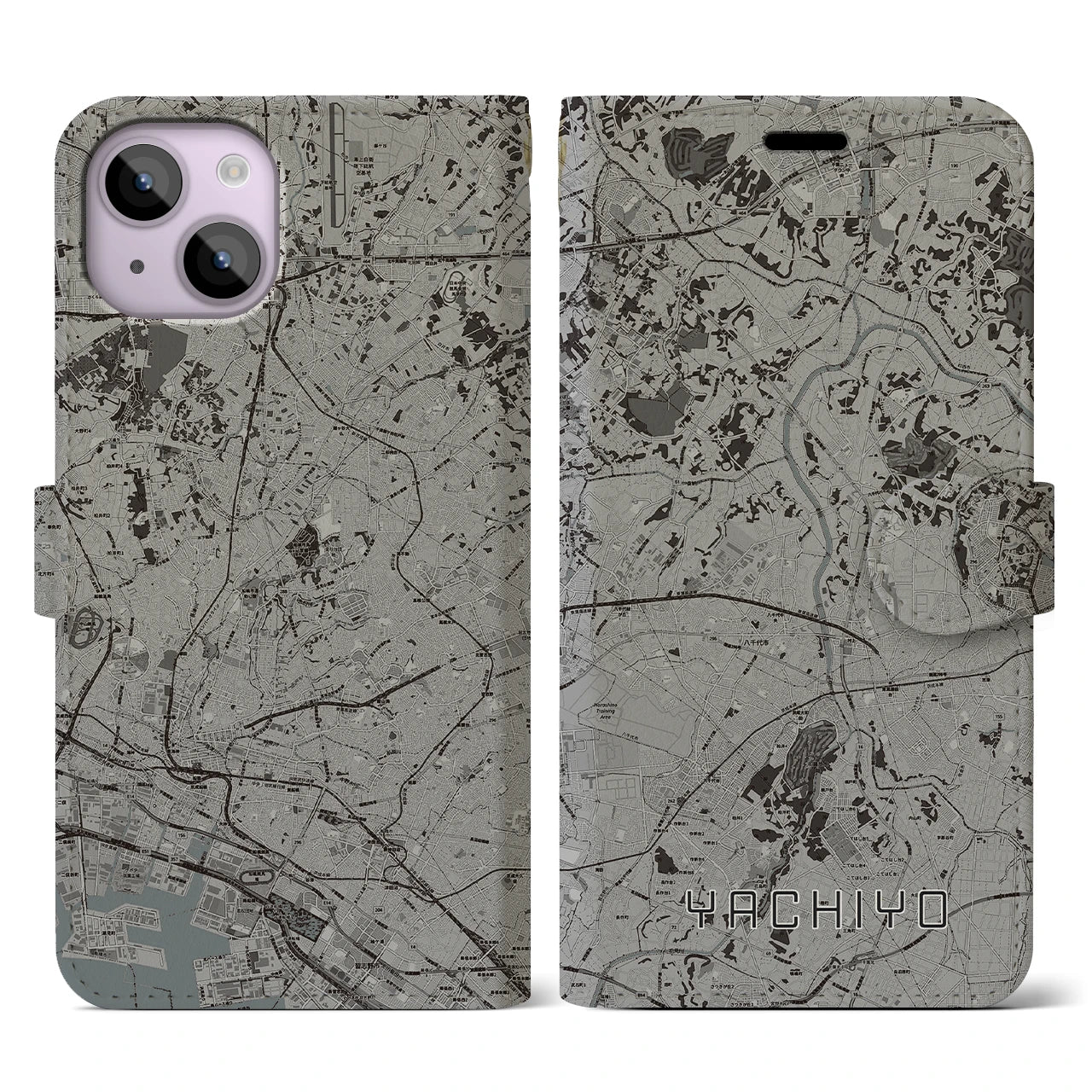 【八千代(千葉県)】地図柄iPhoneケース(手帳タイプ)モノトーン・iPhone 14 用