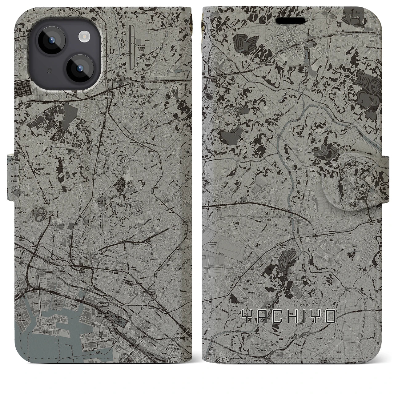 【八千代(千葉県)】地図柄iPhoneケース(手帳タイプ)モノトーン・iPhone 14 Plus 用