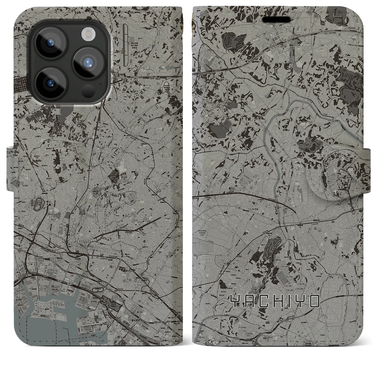 【八千代(千葉県)】地図柄iPhoneケース(手帳タイプ)モノトーン・iPhone 15 Pro Max 用