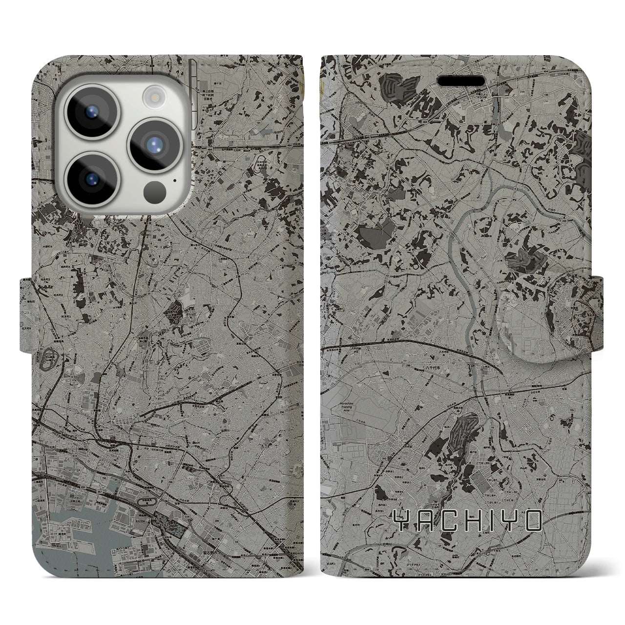 【八千代(千葉県)】地図柄iPhoneケース(手帳タイプ)モノトーン・iPhone 15 Pro 用