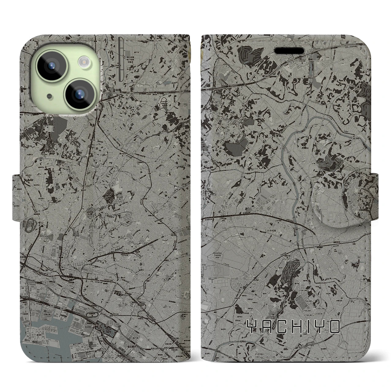 【八千代(千葉県)】地図柄iPhoneケース(手帳タイプ)モノトーン・iPhone 15 用