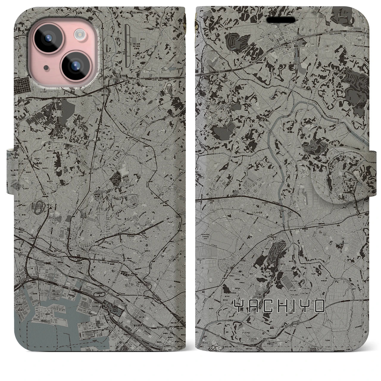 【八千代(千葉県)】地図柄iPhoneケース(手帳タイプ)モノトーン・iPhone 15 Plus 用