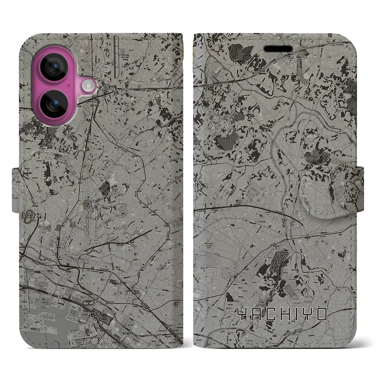 【八千代(千葉県)】地図柄iPhoneケース(手帳タイプ)モノトーン・iPhone 16 Pro 用