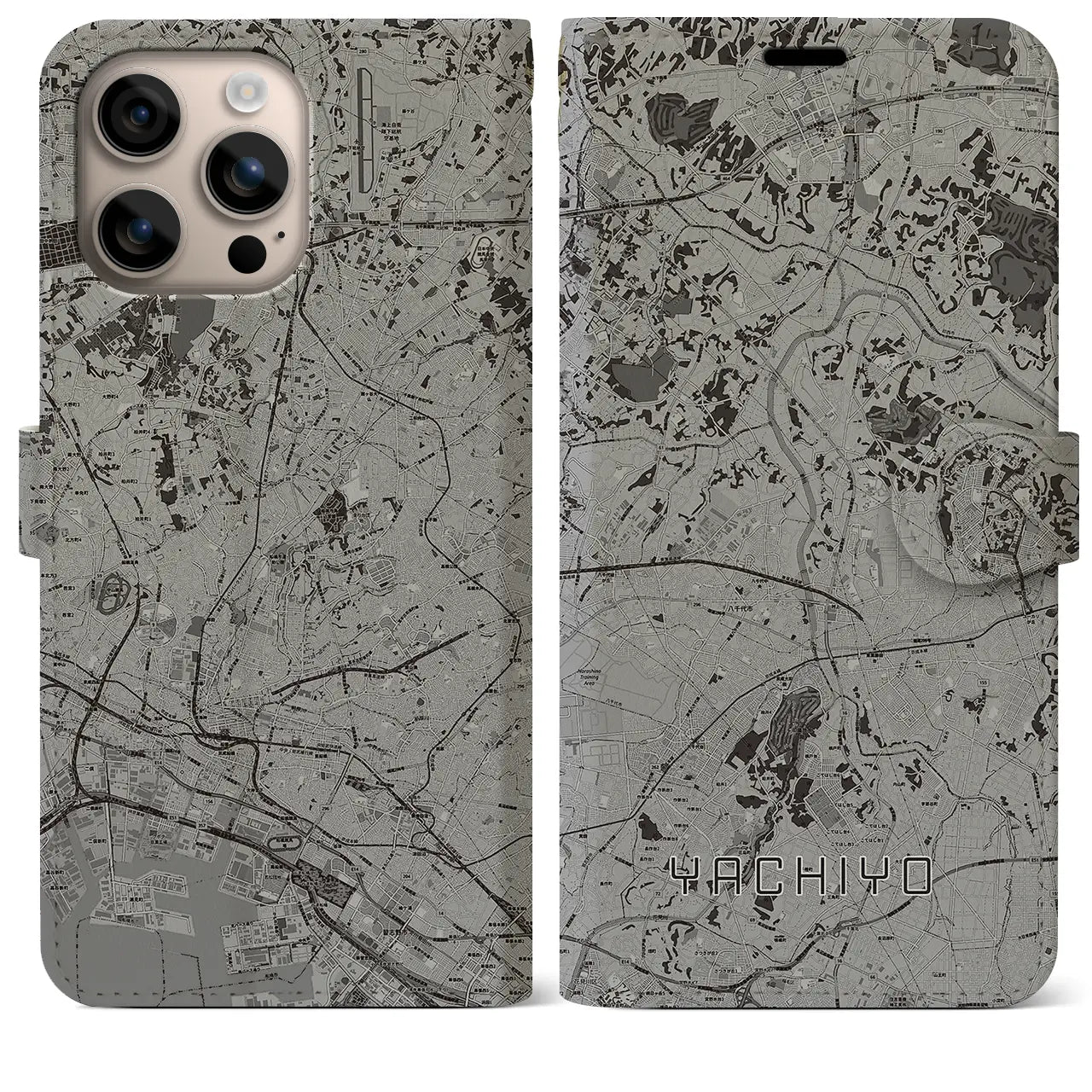 【八千代(千葉県)】地図柄iPhoneケース(手帳タイプ)モノトーン・iPhone 16 Plus 用